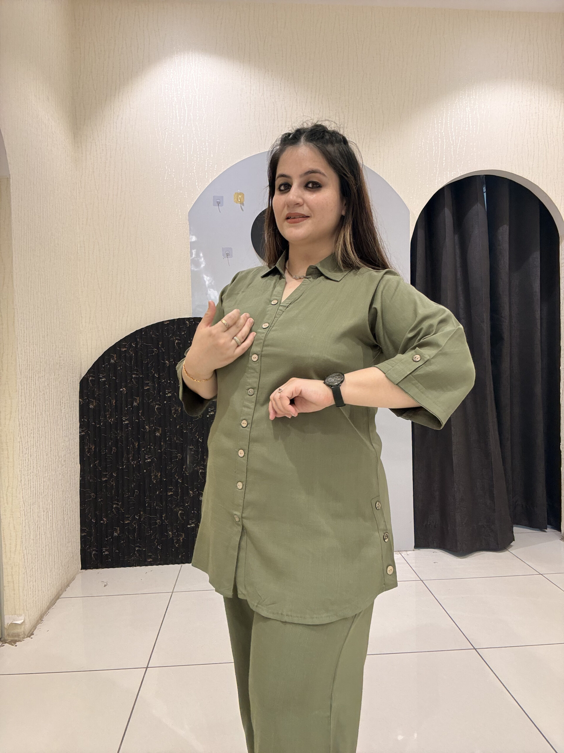 chic olive-green coord set