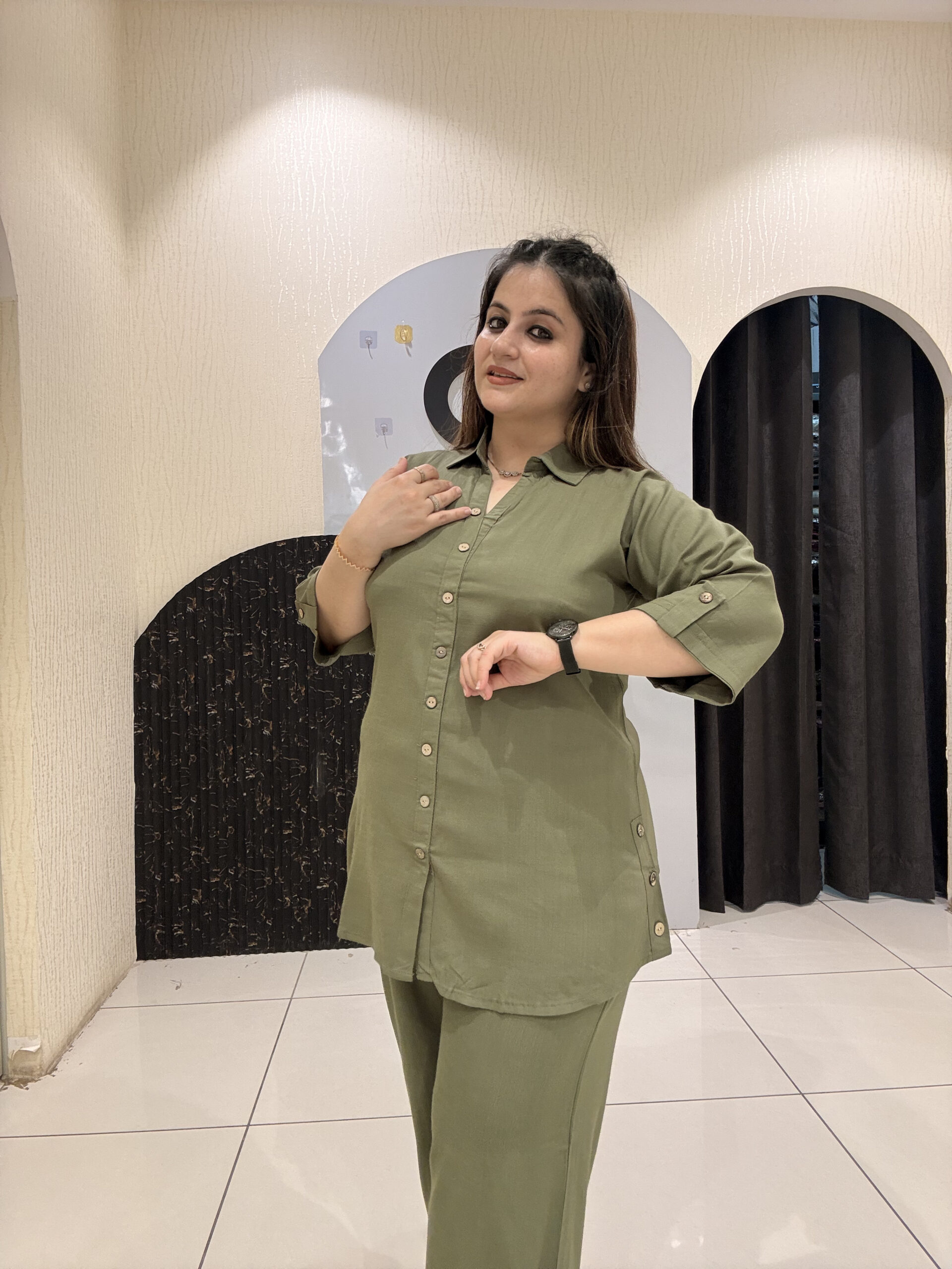 chic olive-green coord set