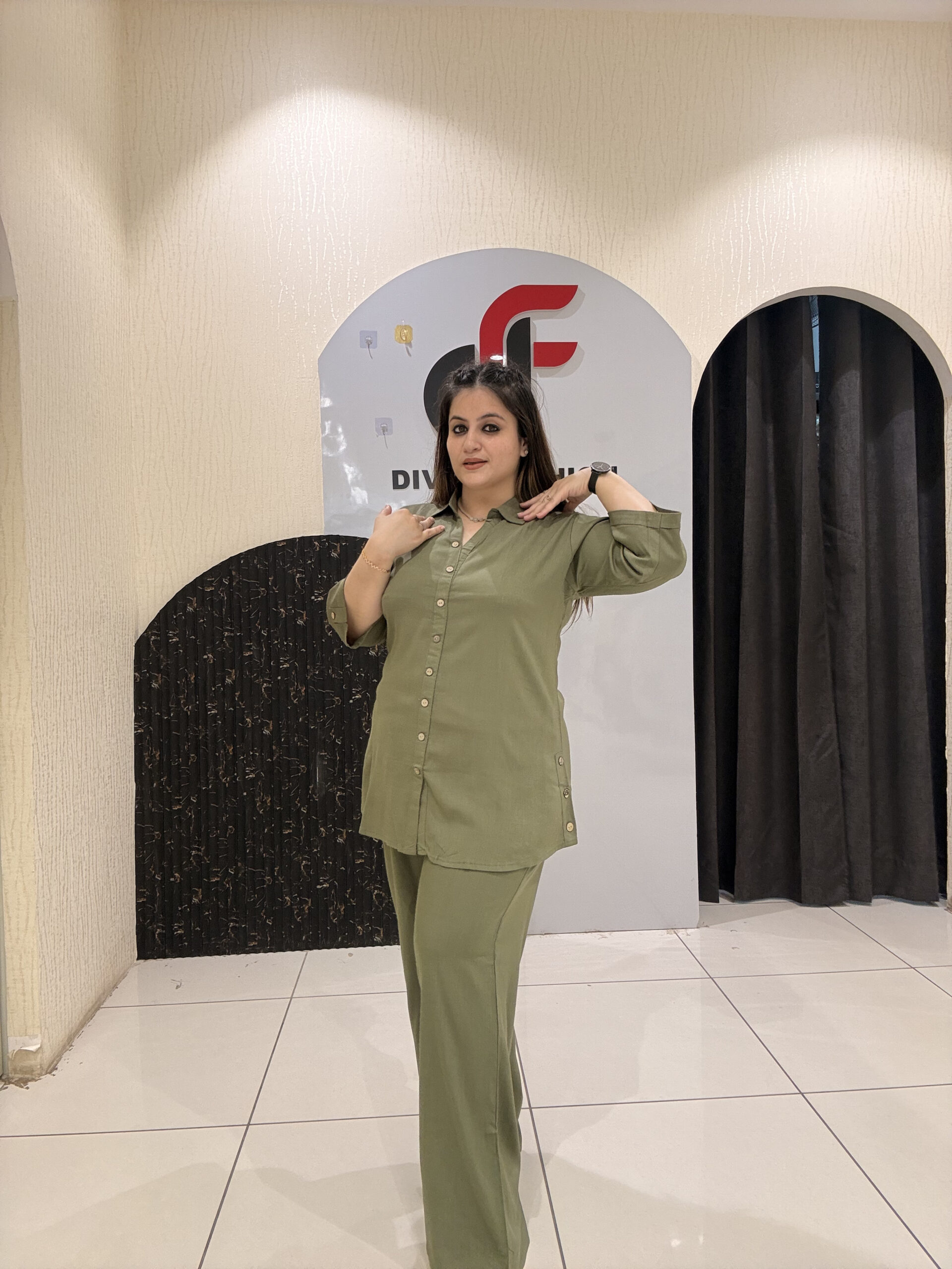 chic olive-green coord set