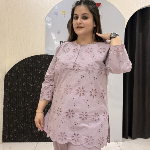 Lilac Pure Cotton Embroidered Coord Set