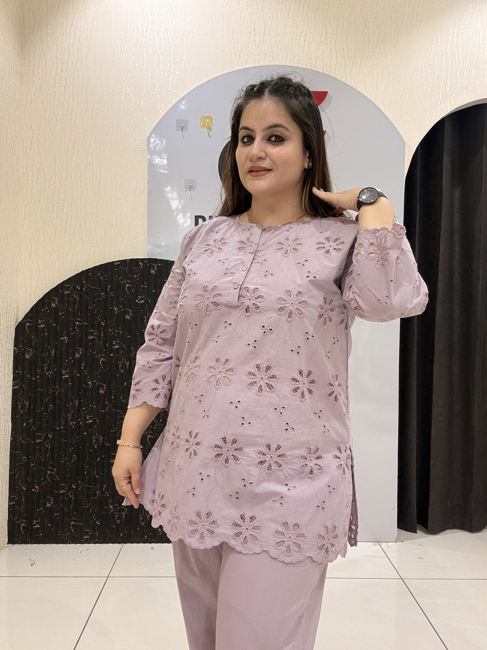 Lilac Pure Cotton Embroidered Coord Set