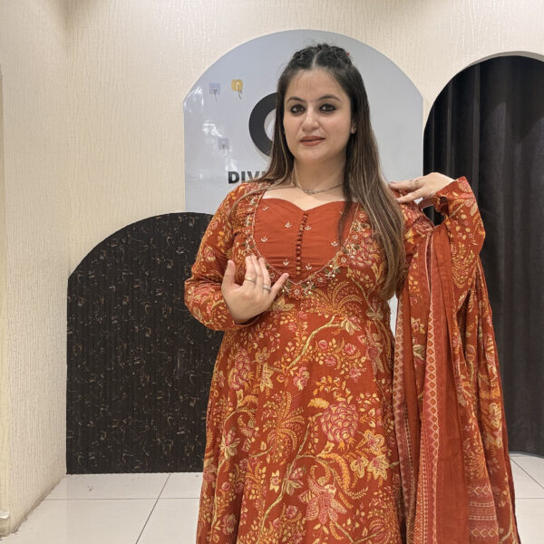 Rust Orange Pure Cotton Printed Anarkali Suit Set