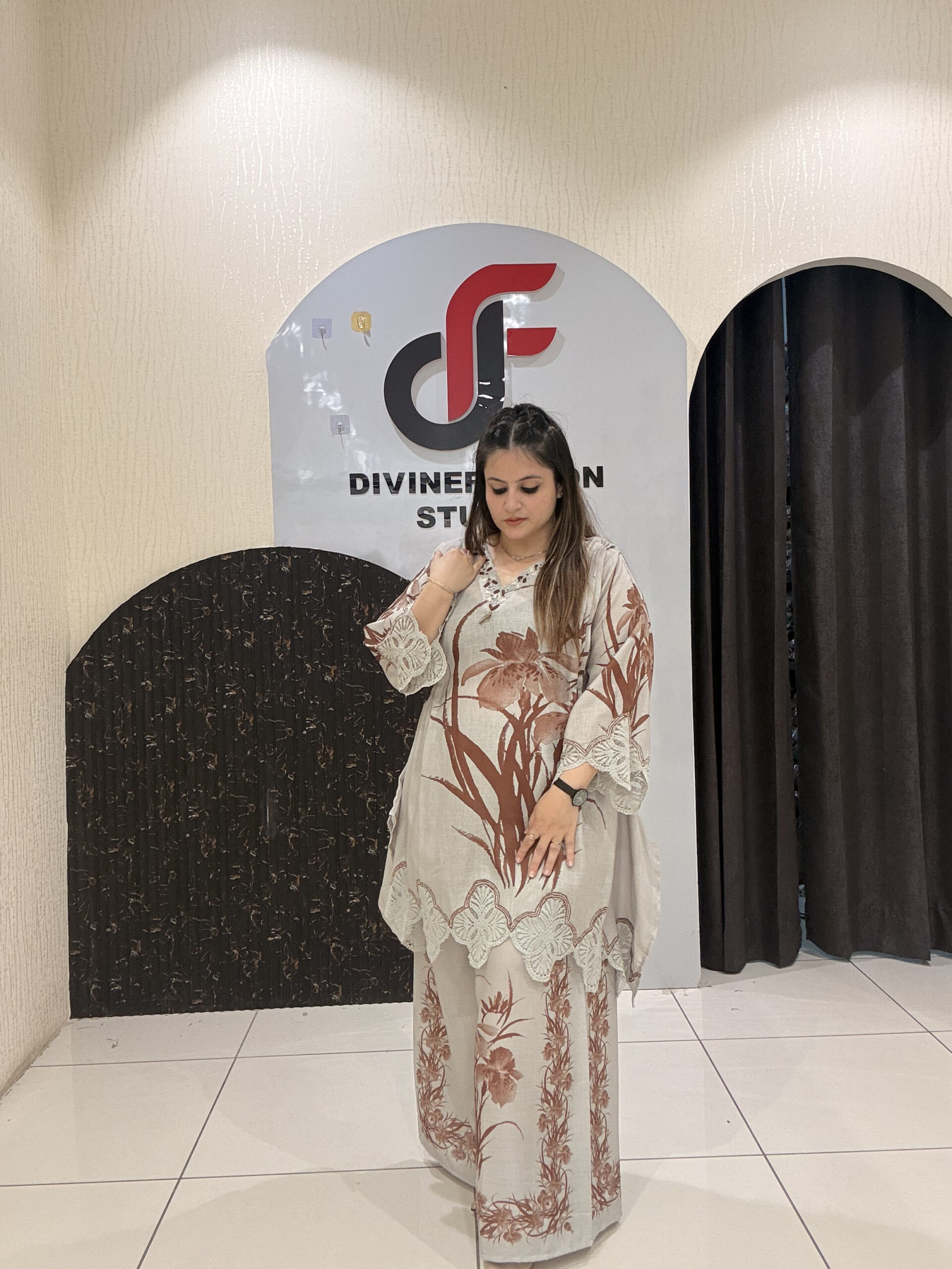 Beige Soft Linen Cotton Digital Printed Designer Coord Set - Image 3