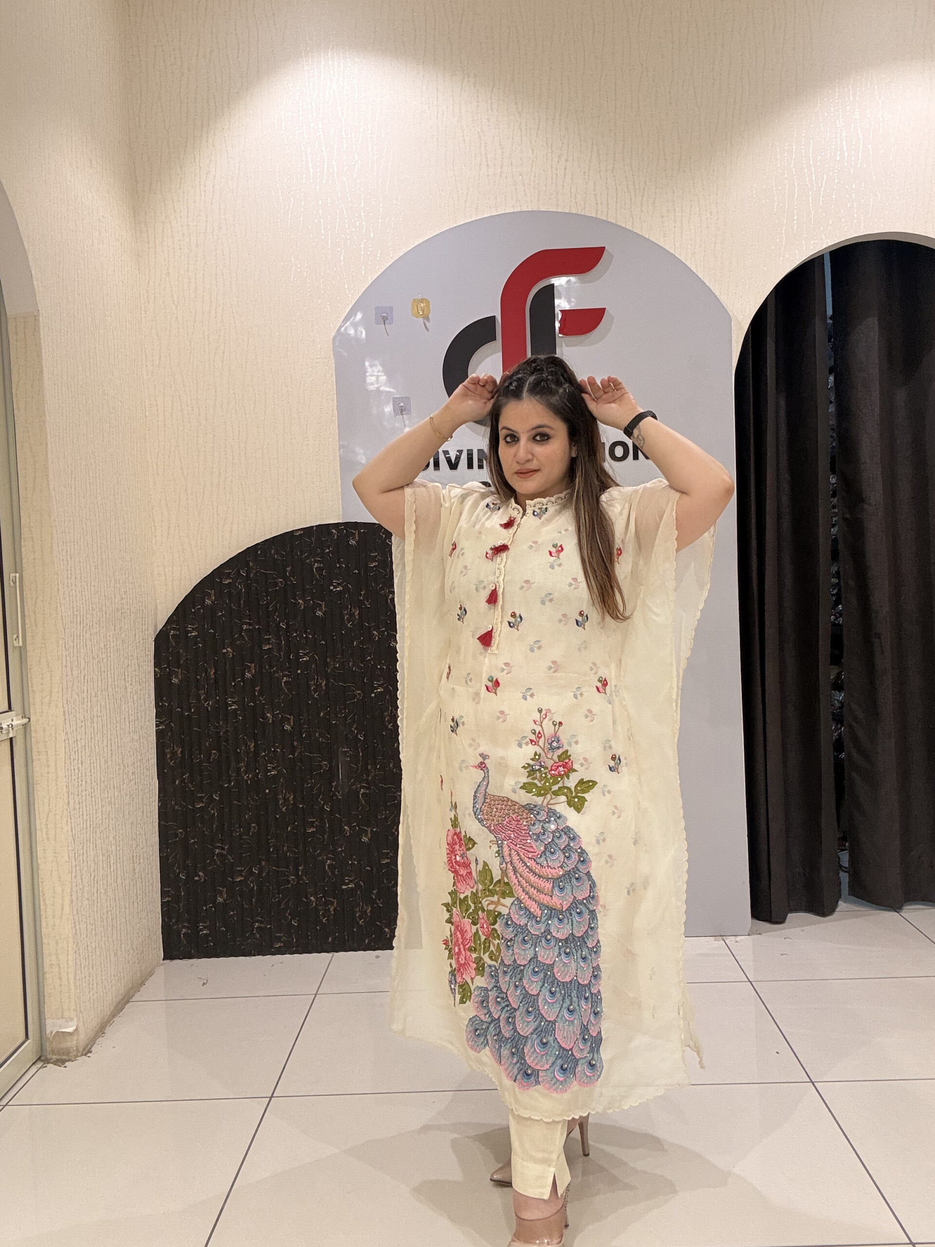 Cream Premium Embroidered 3-Piece Kaftan Set with Peacock Motif