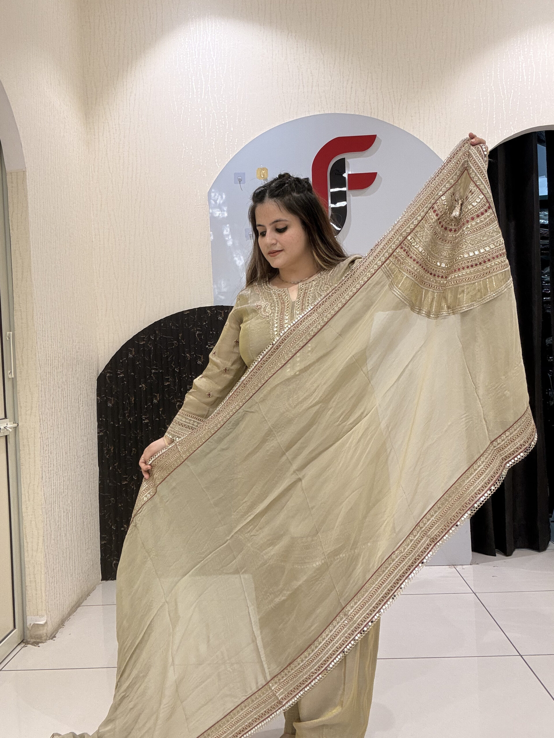 Golden Partywear Heavy Embroidered Farsi Salwar Suit