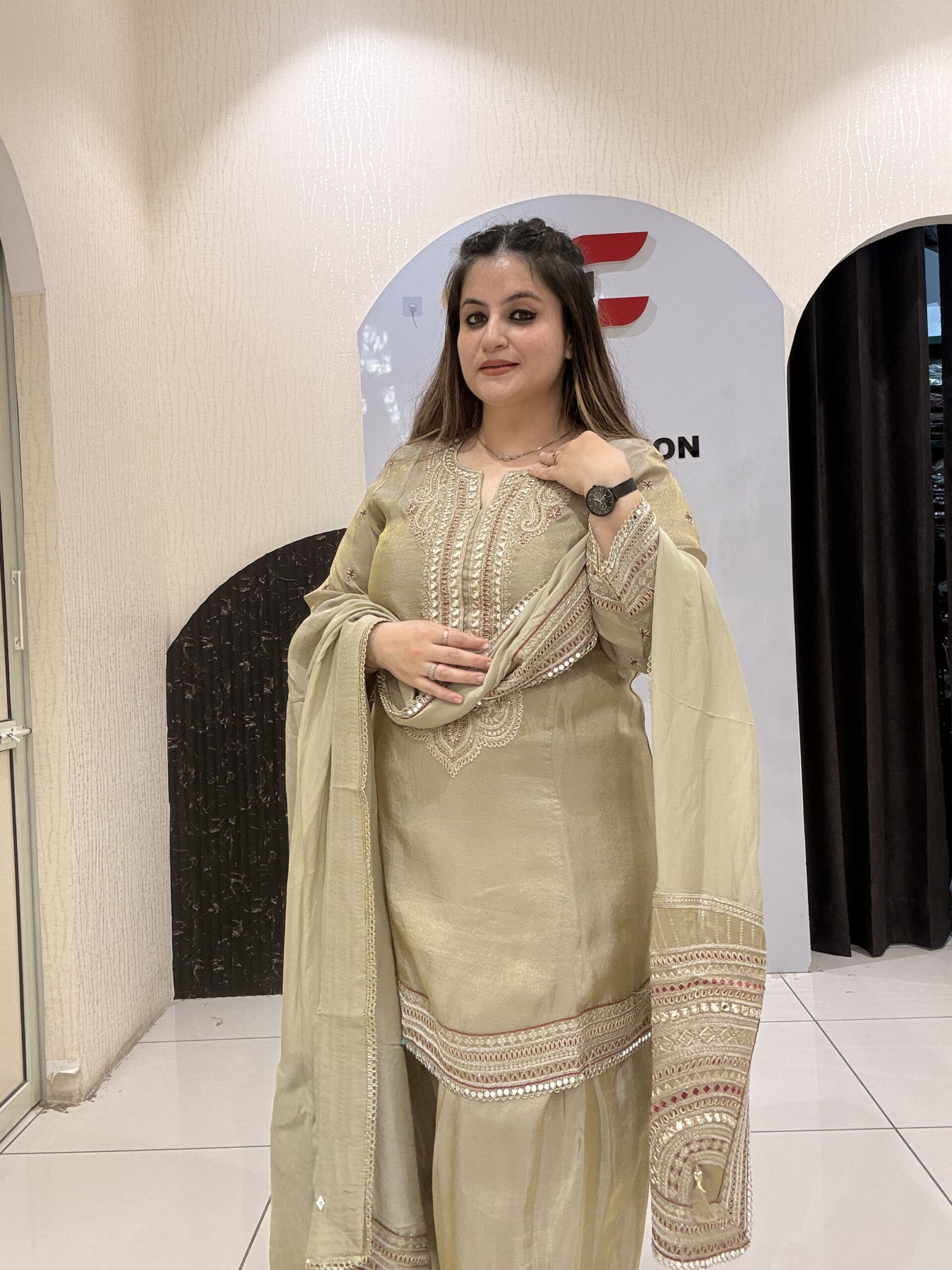 Golden Partywear Heavy Embroidered Farsi Salwar Suit
