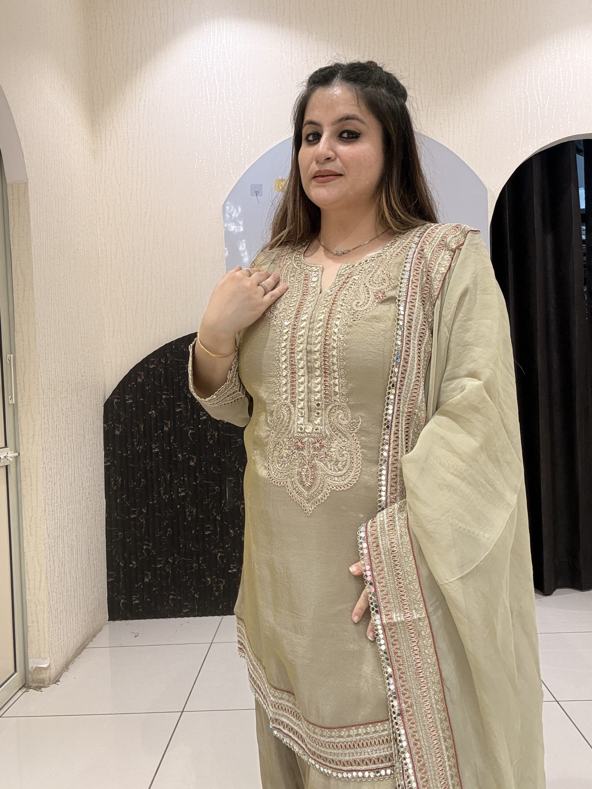 Golden Partywear Heavy Embroidered Farsi Salwar Suit