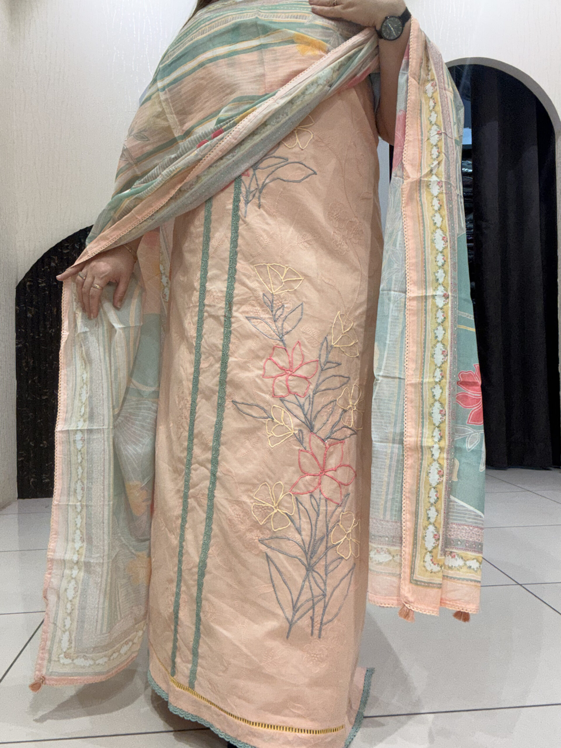 Elegant, unstitched cotton suits featuring delicate thread embroidery and pastel hues
