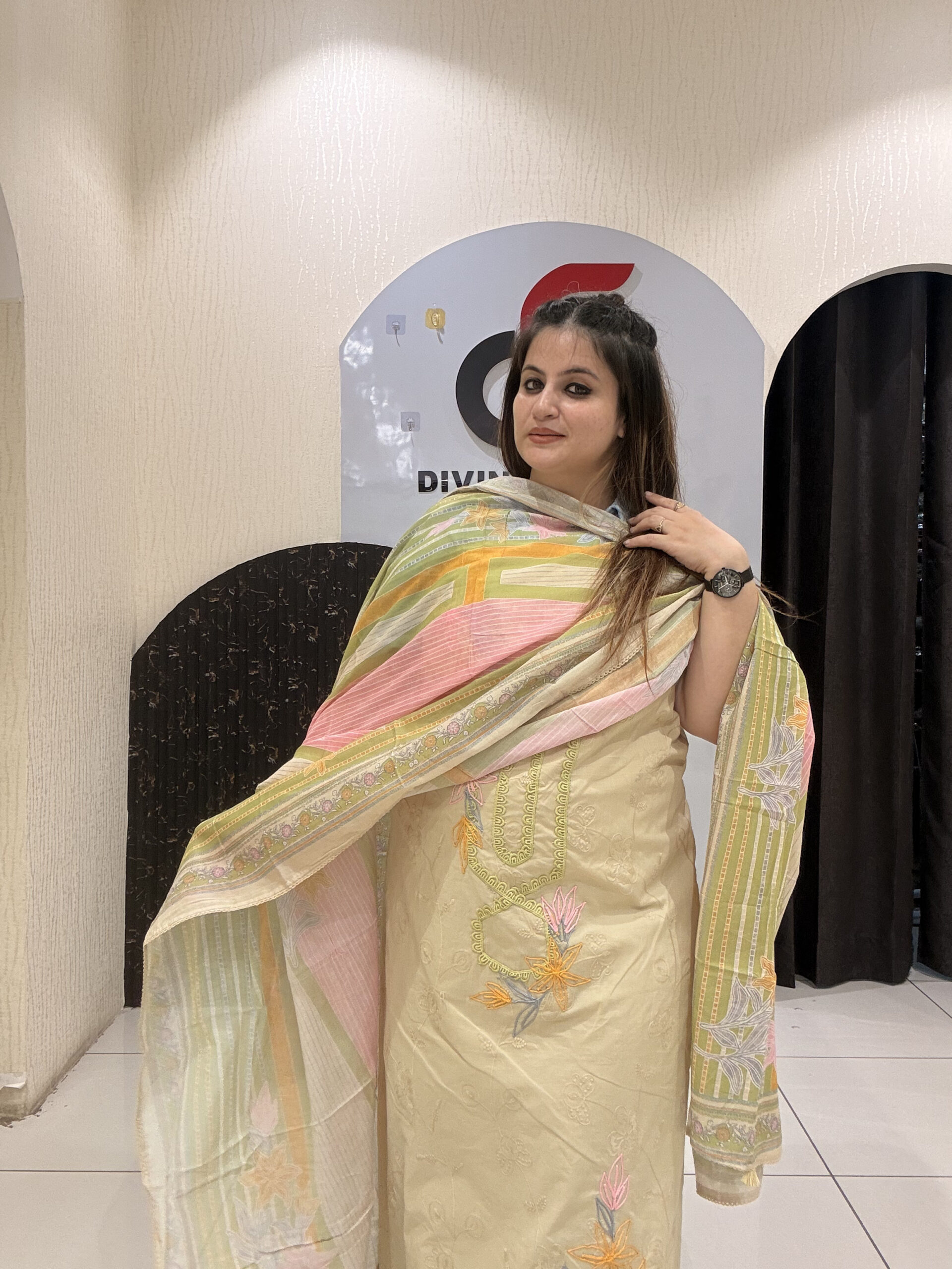 Branded Unstitched Cotton Suit with Thread Embroidery