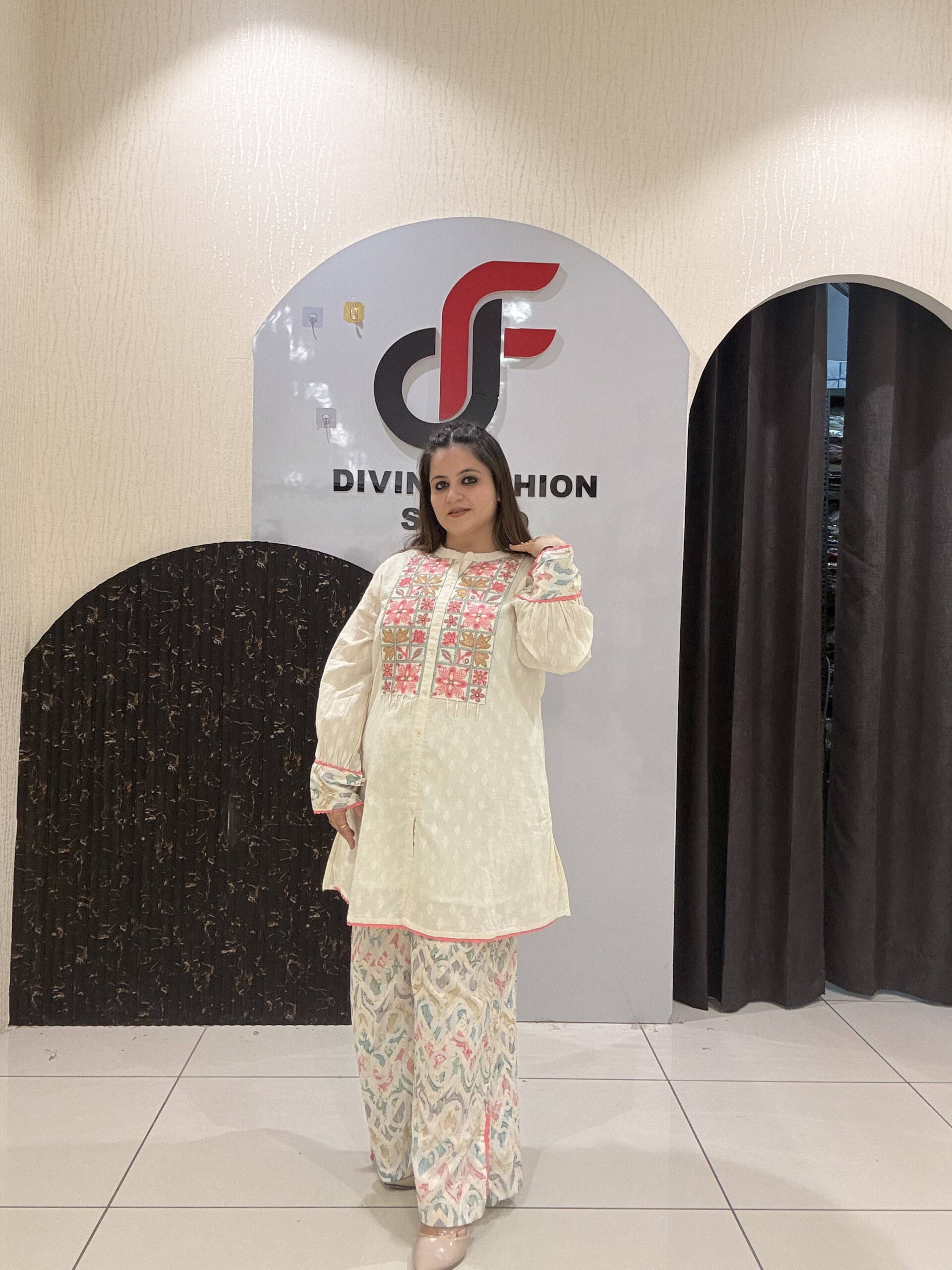 Cream Pure Cotton Embroidered Coord Set