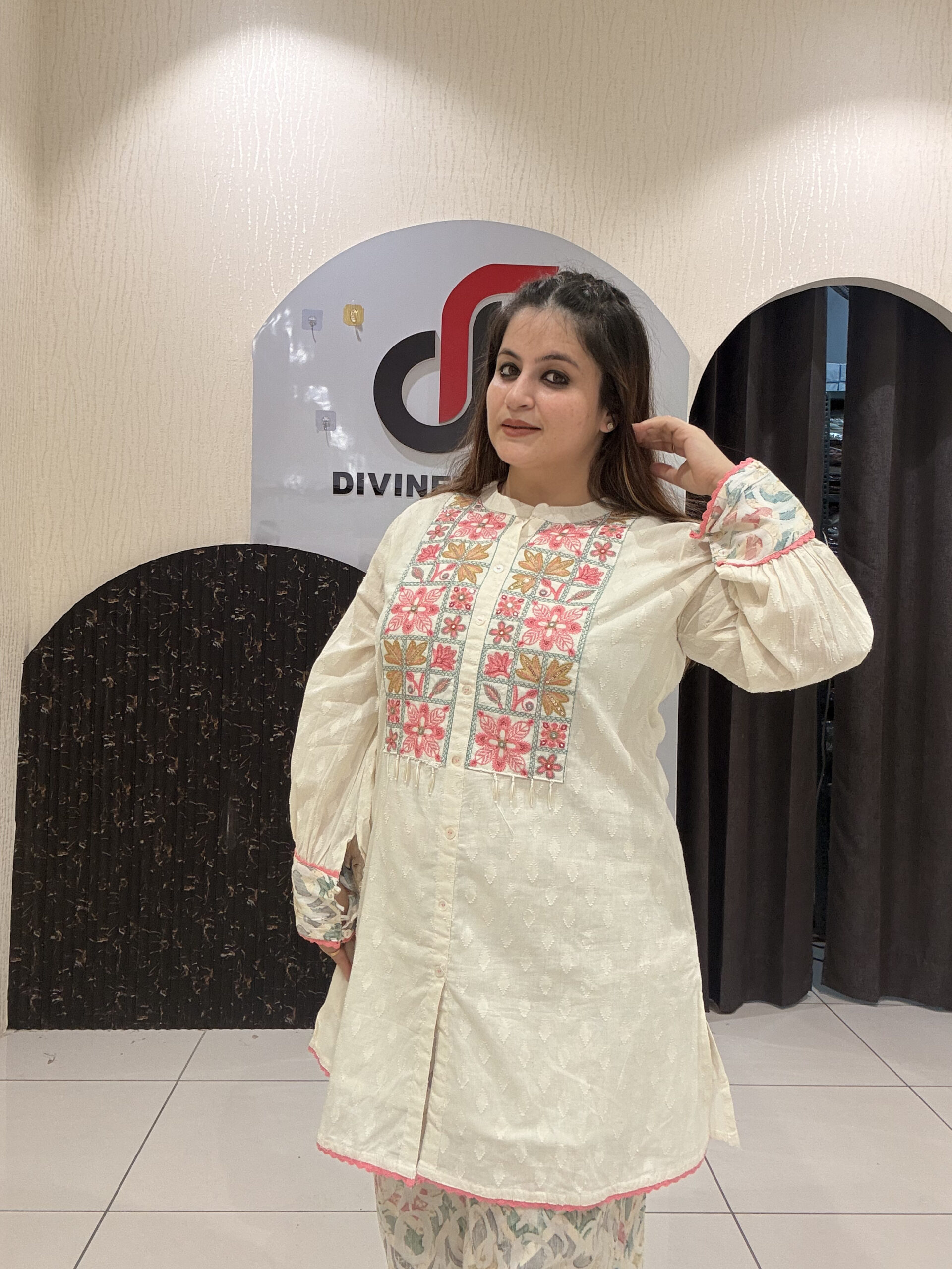 Cream Pure Cotton Embroidered Coord Set