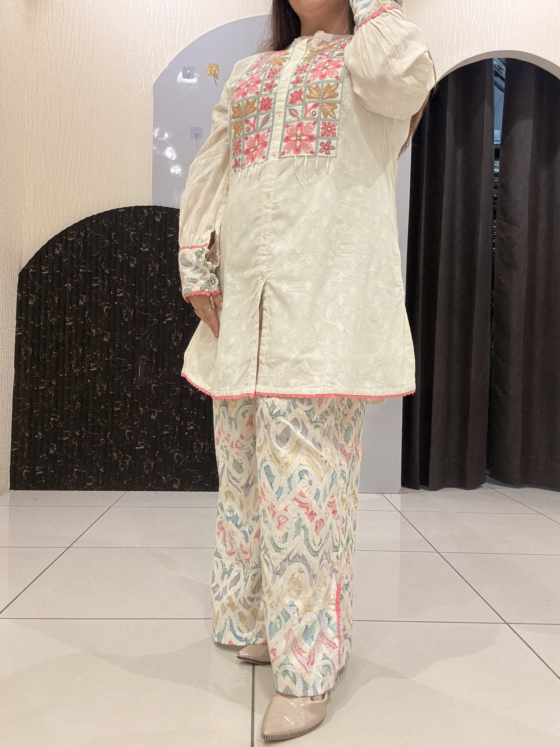 Cream Pure Cotton Embroidered Coord Set