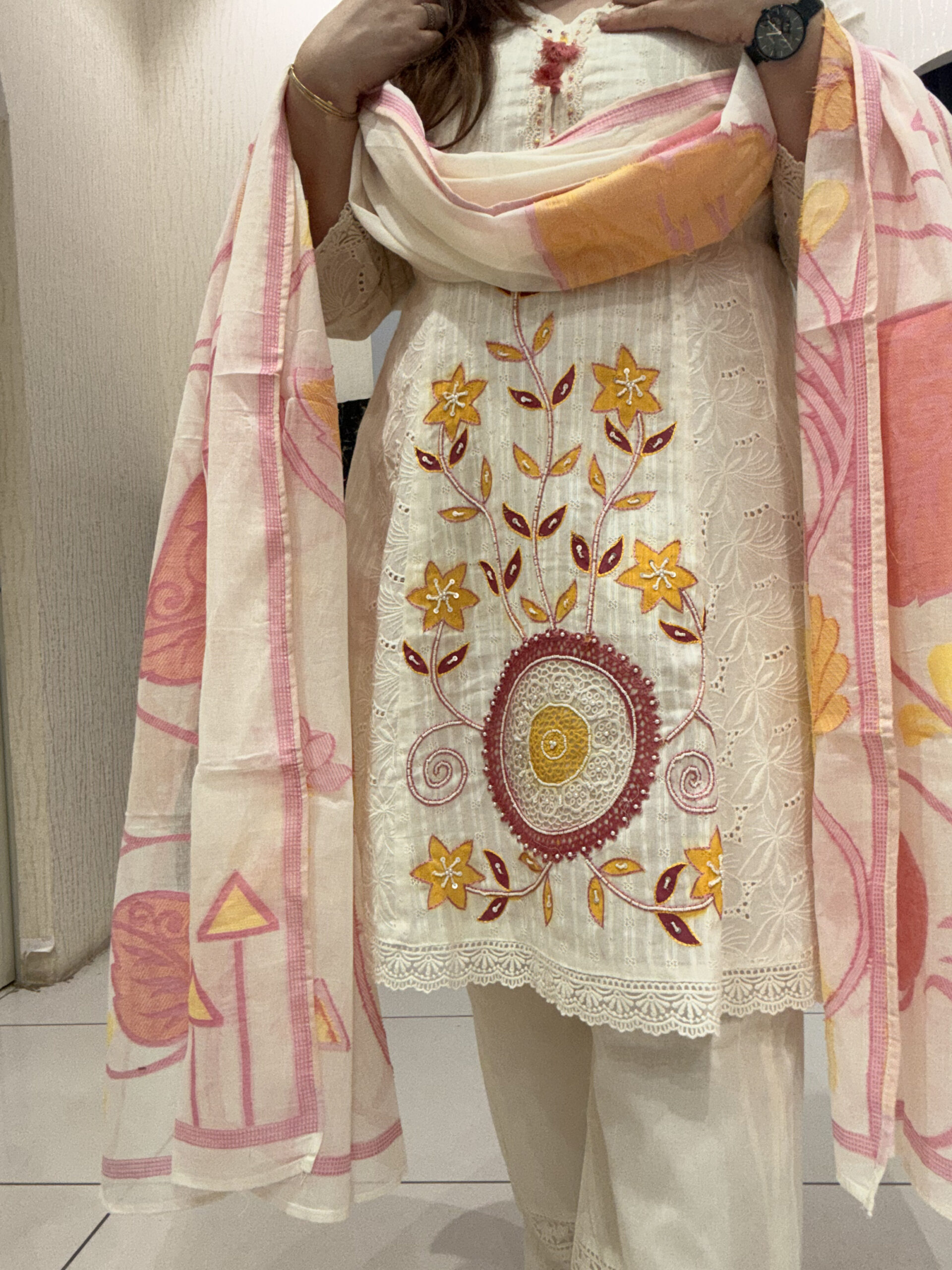 Cream Cotton Embroidered Partywear Suit Set