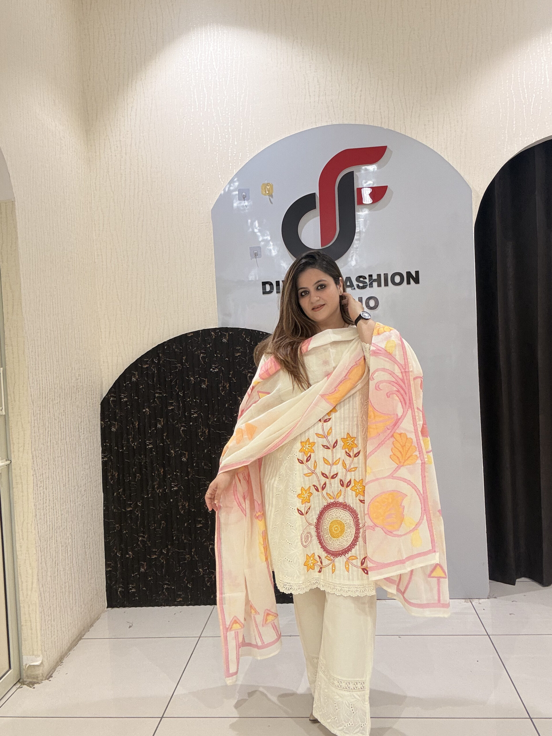 Cream Cotton Embroidered Partywear Suit Set
