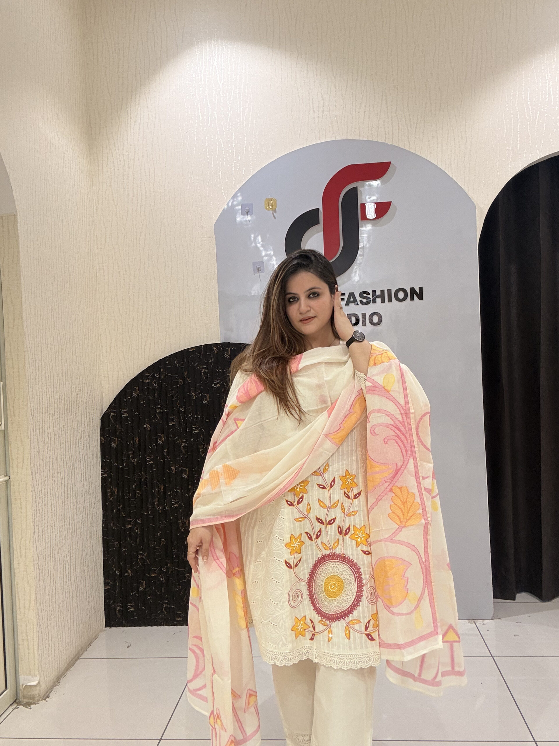 Cream Cotton Embroidered Partywear Suit Set