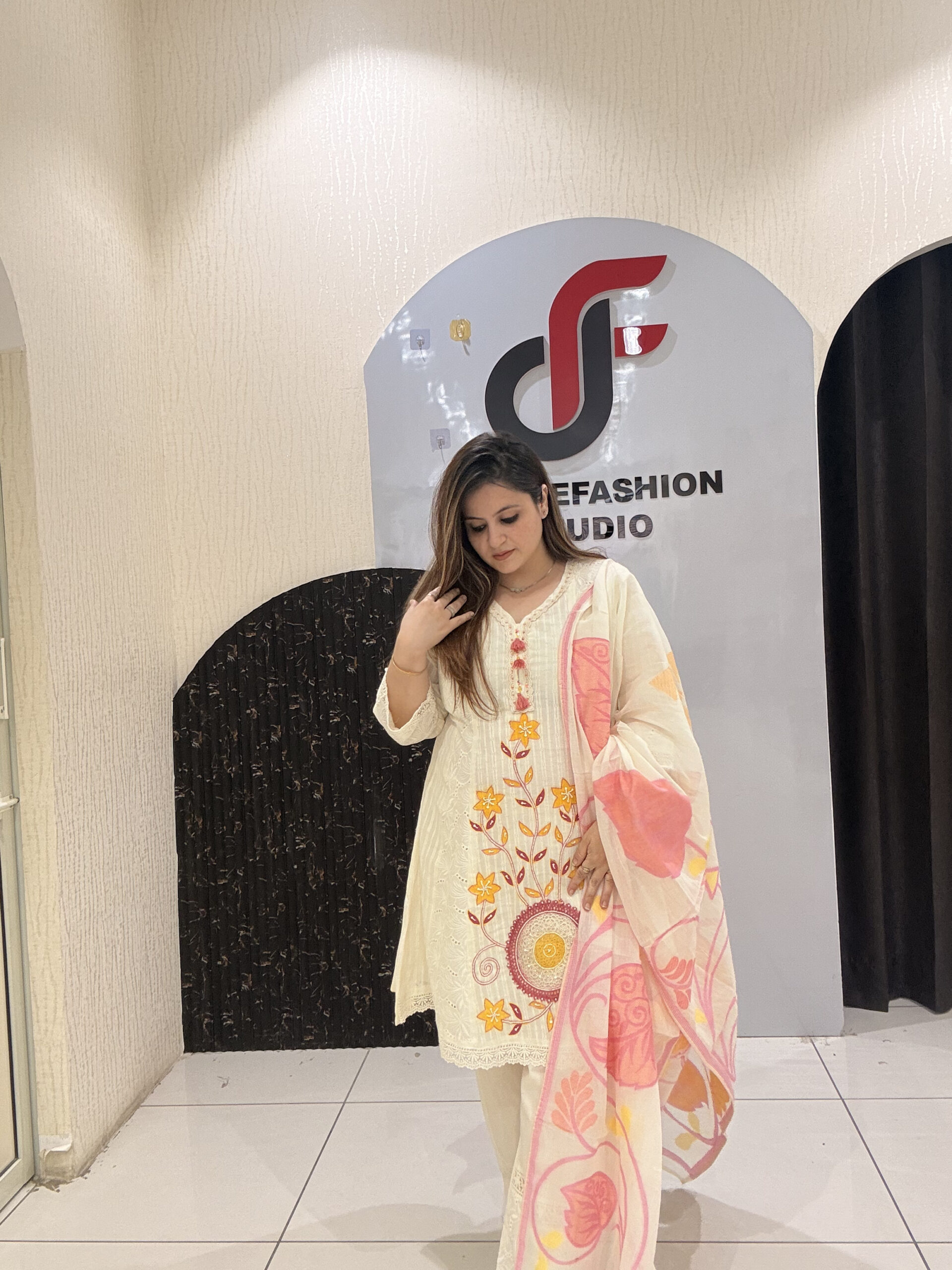 Cream Cotton Embroidered Partywear Suit Set