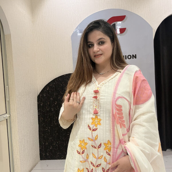 Cream Cotton Embroidered Partywear Suit Set