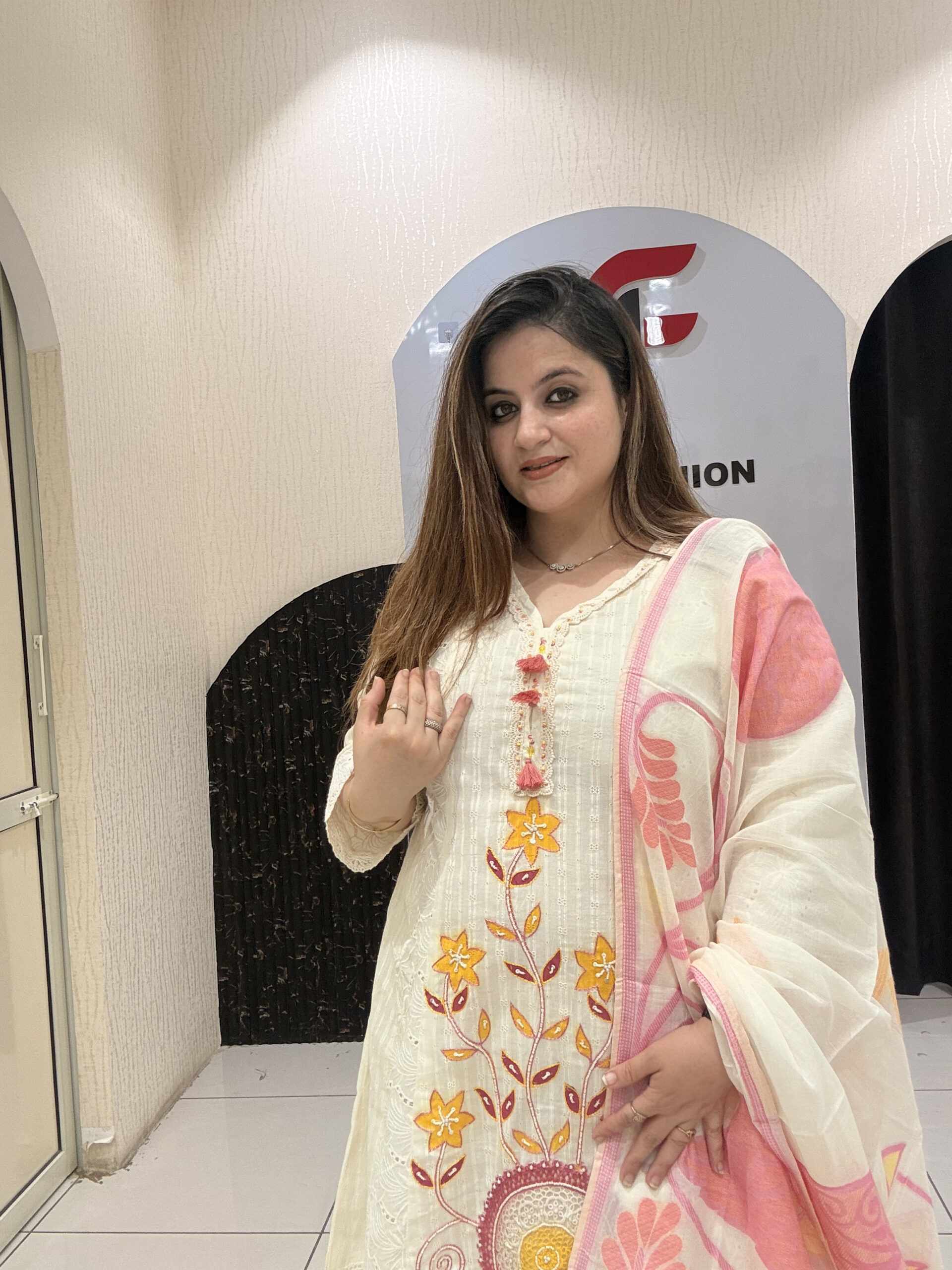 Cream Cotton Embroidered Partywear Suit Set