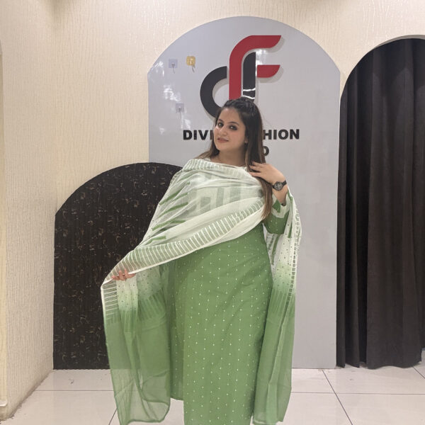 Refreshing mint green pure cotton suit featuring subtle geometric and dotted prints with a matching gradient dupatta