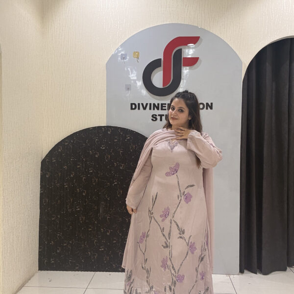 Graceful pastel pink Chinon suit featuring delicate handwork embroidery and a matching dupatta