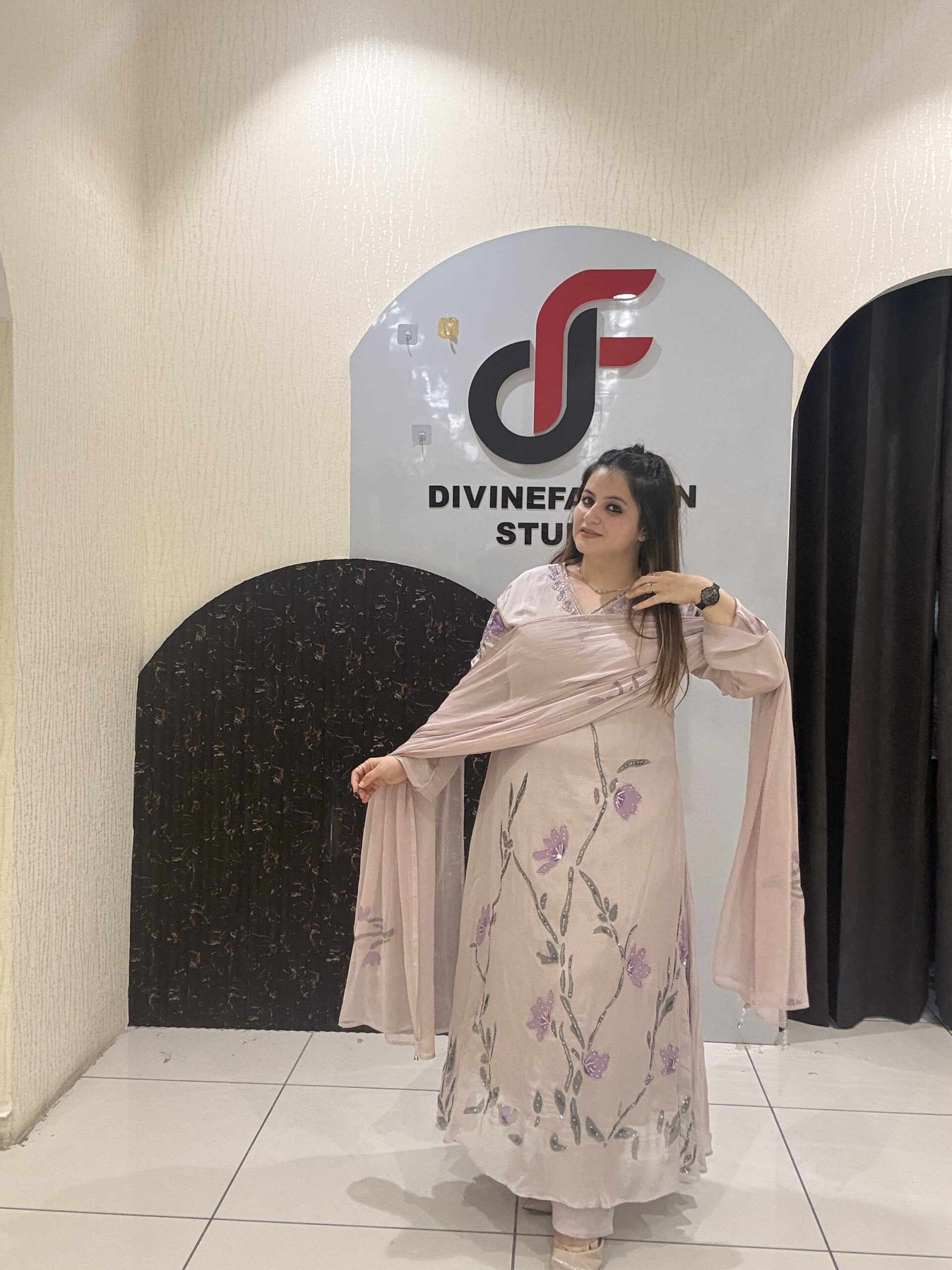 Graceful pastel pink Chinon suit featuring delicate handwork embroidery and a matching dupatta
