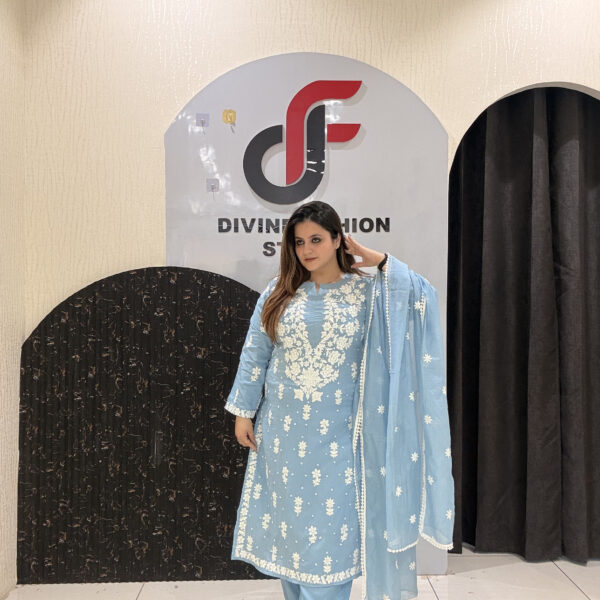 Exclusive Mul Cotton Embroidered Suit Set for Women – Sky Blue