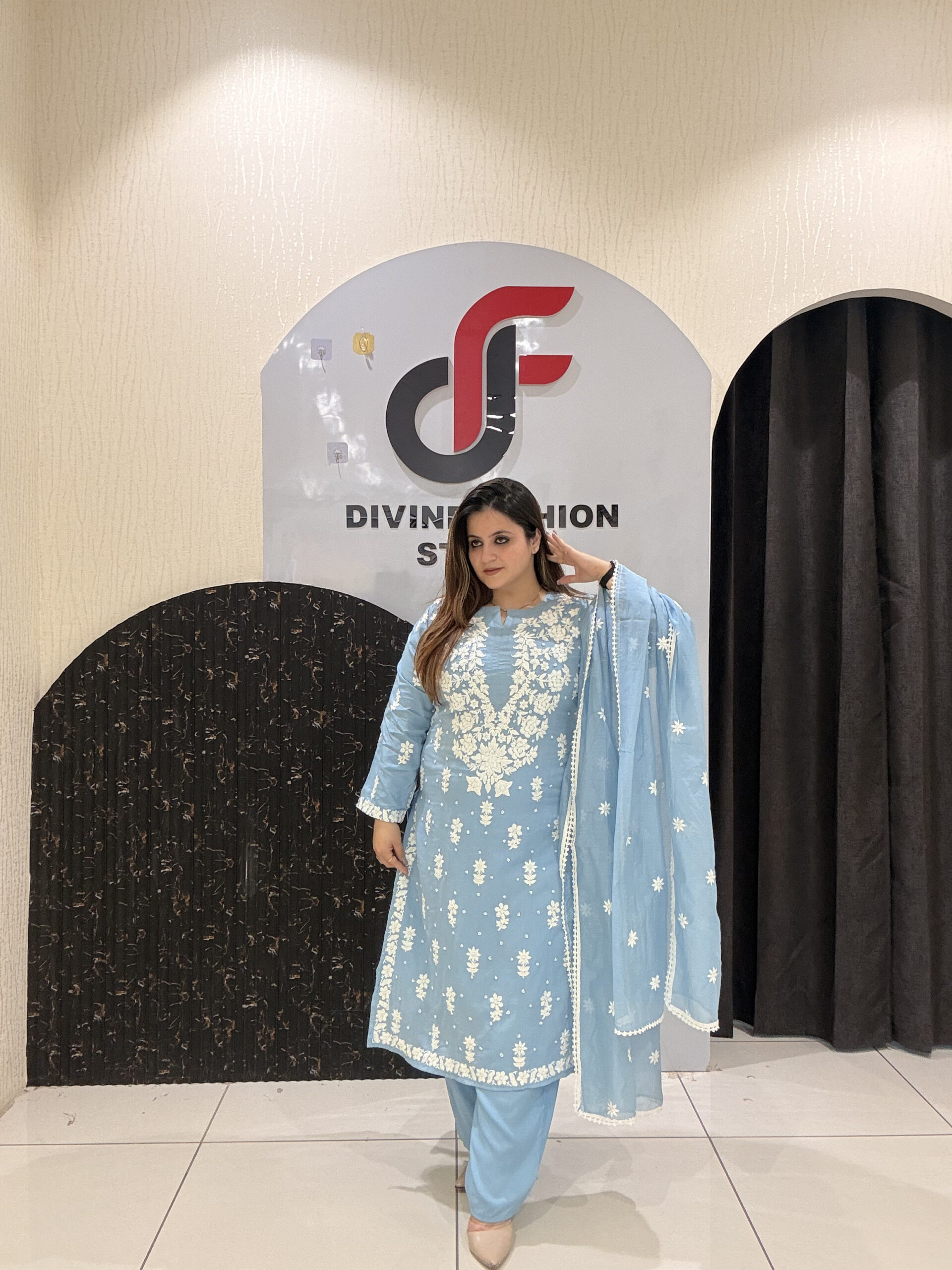Exclusive Mul Cotton Embroidered Suit Set for Women – Sky Blue