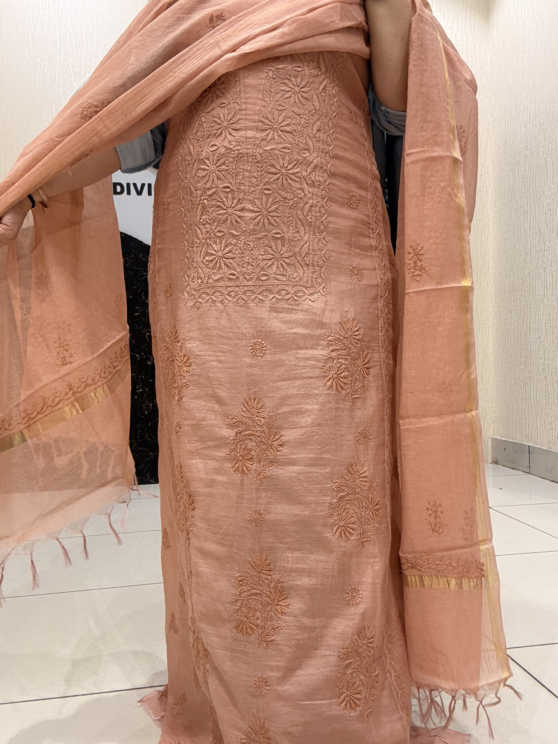 Exclusive Mul Embroidered Unstitched Suit Set – 2 Colors (Peach & Olive Green) - Image 3
