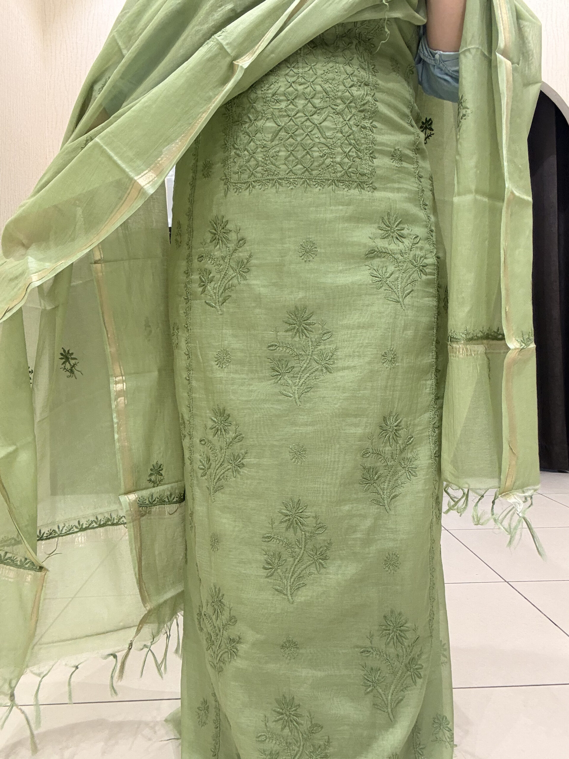 Exclusive Mul Embroidered Unstitched Suit Set – 2 Colors (Peach & Olive Green) - Image 4