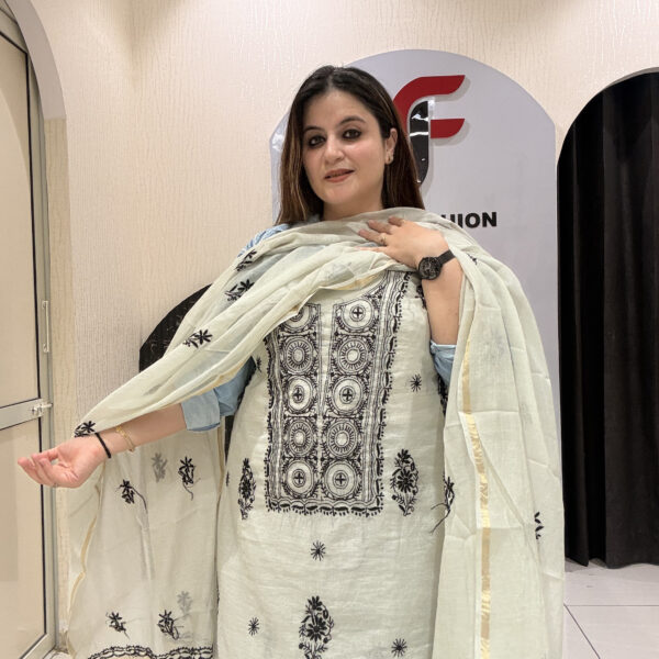Premium grey unstitched mul cotton suit featuring intricate black thread embroidery and a matching dupatta