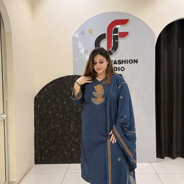 Classic navy blue cotton suit featuring golden embroidery and a matching dupatta with delicate border detailing