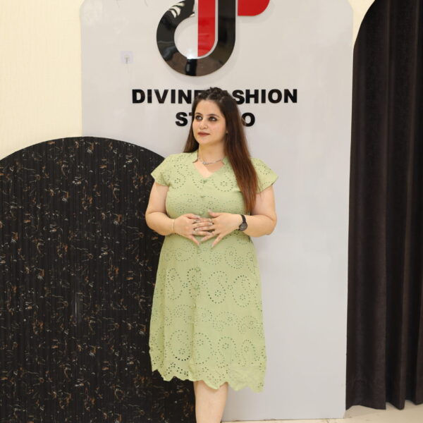 Light Green Cotton Middi Dress by Divine Fashion Studio