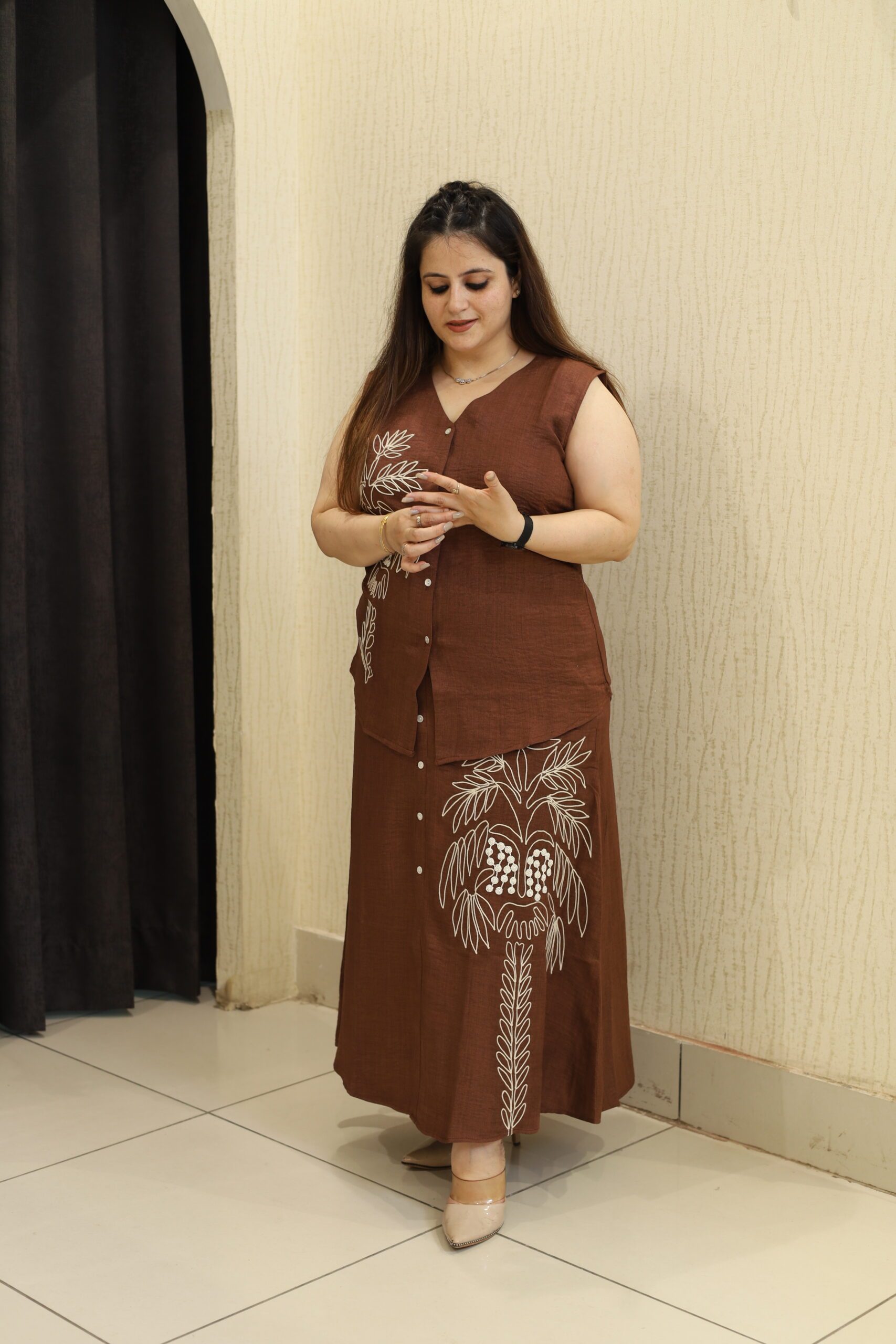 Brown Floral Embroidered Button-Down Skirt Set - Image 2