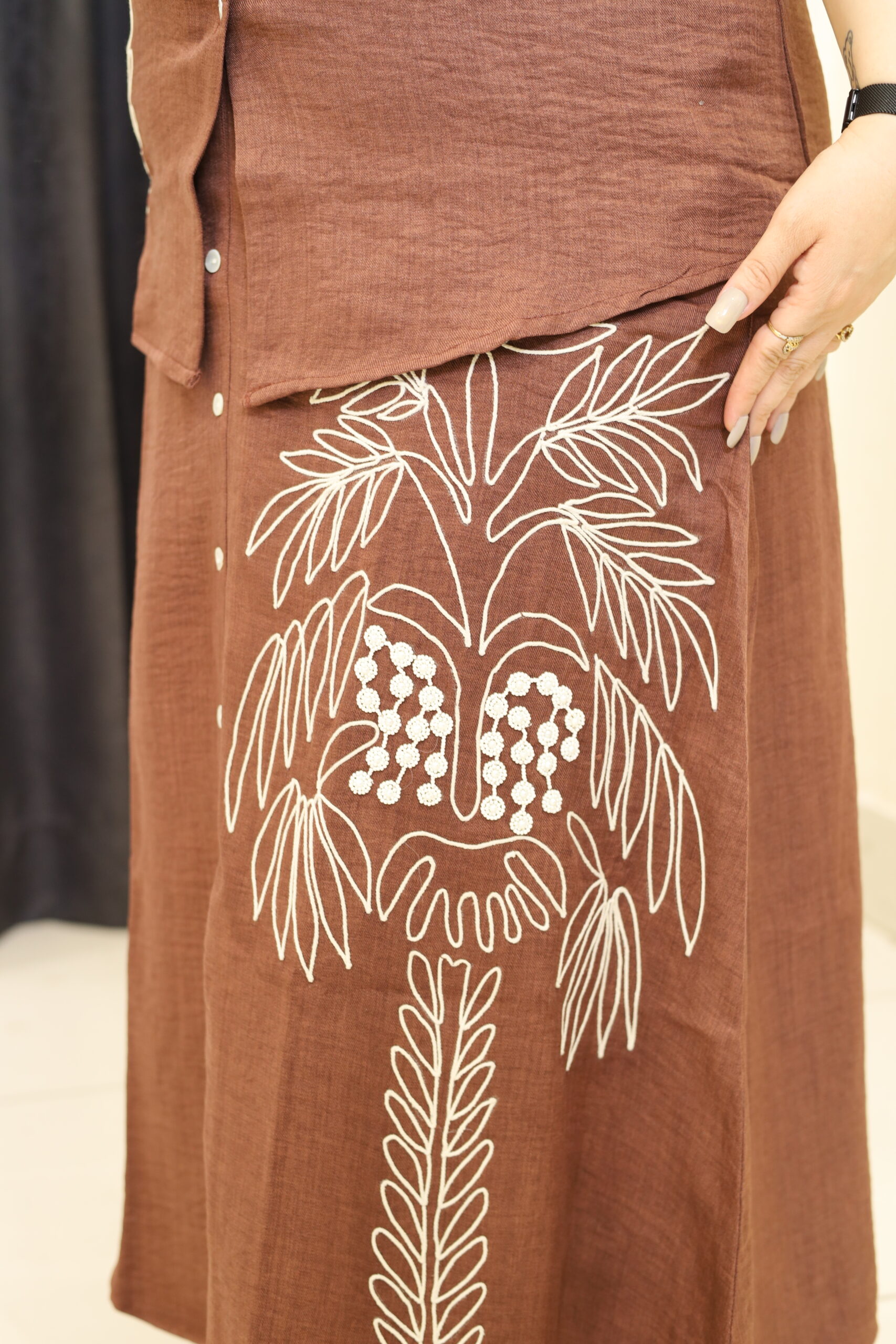 Brown Floral Embroidered Button-Down Skirt Set - Image 4