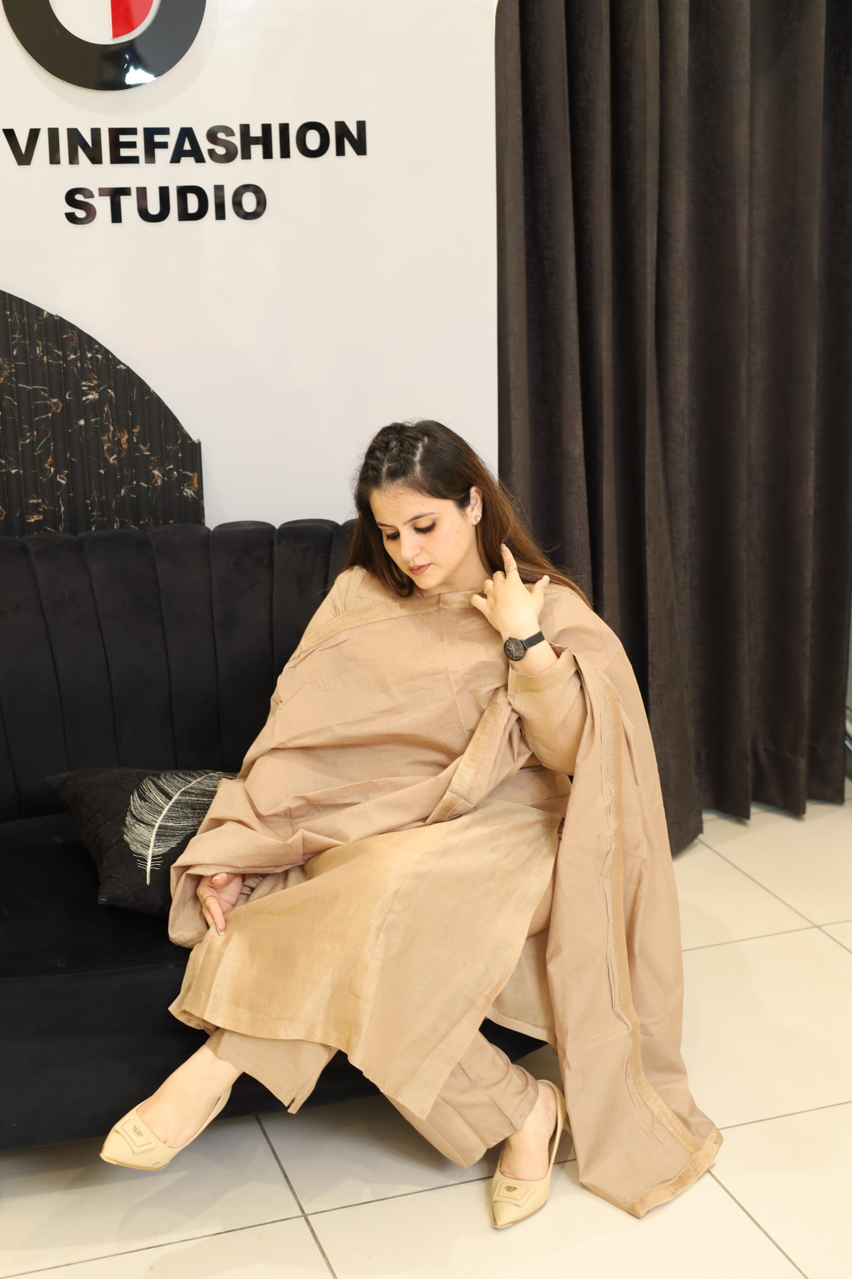 Beige Mul Chanderi Kurta Set