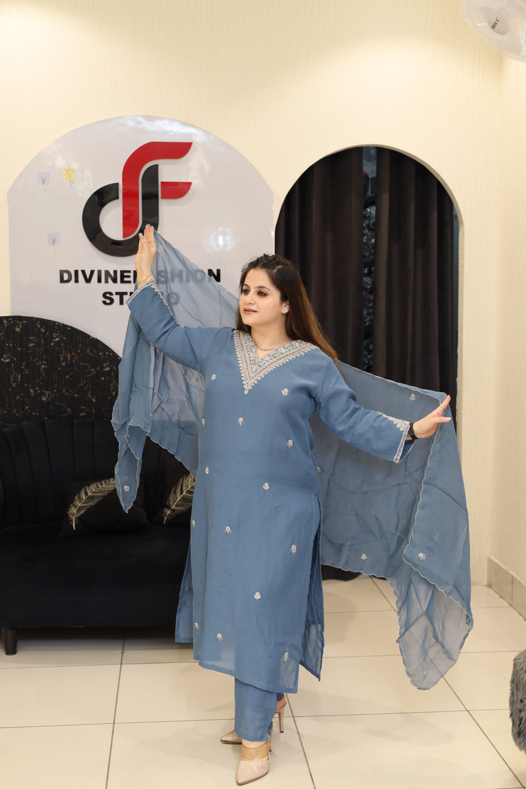 Blue Mul Chanderi Cotton Handwork Kurta Set - Image 4