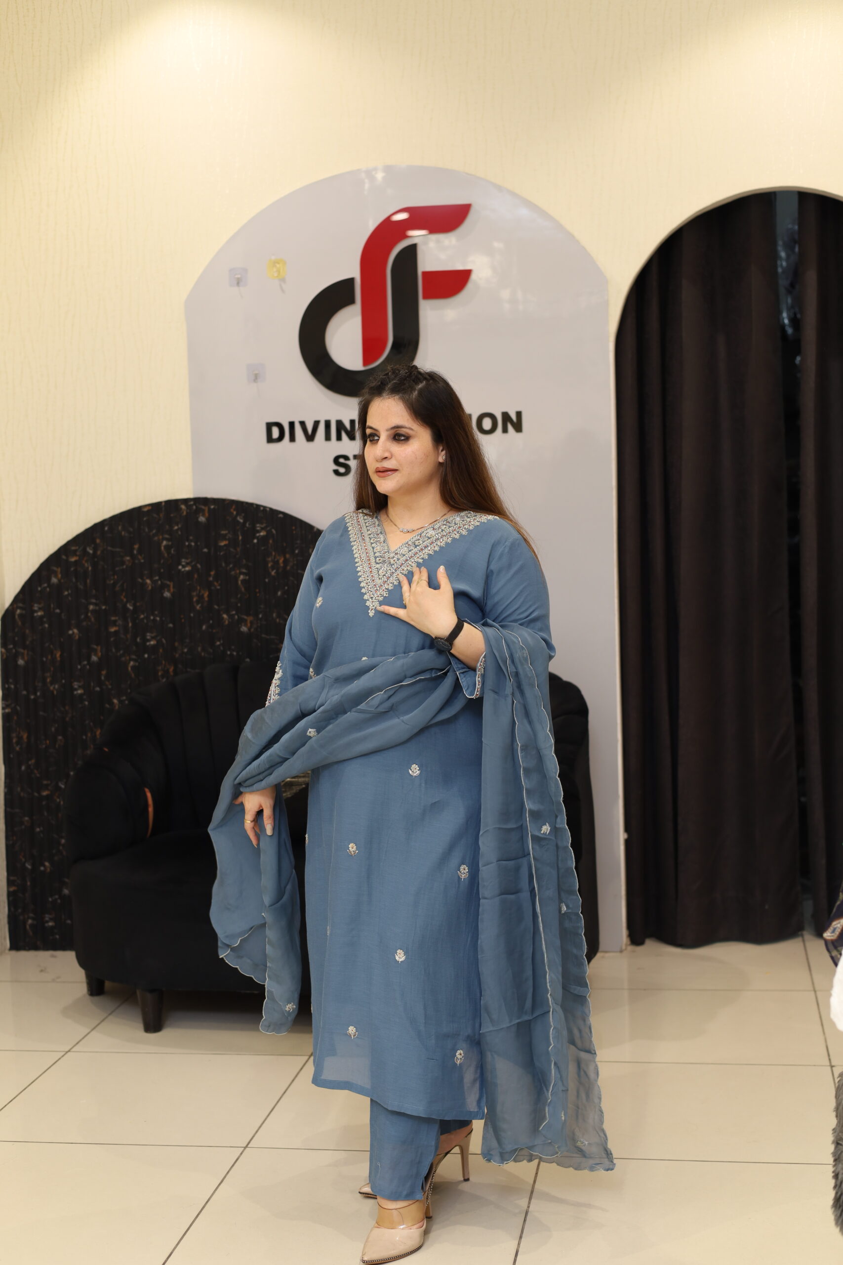 Blue Mul Chanderi Cotton Handwork Kurta Set - Image 3