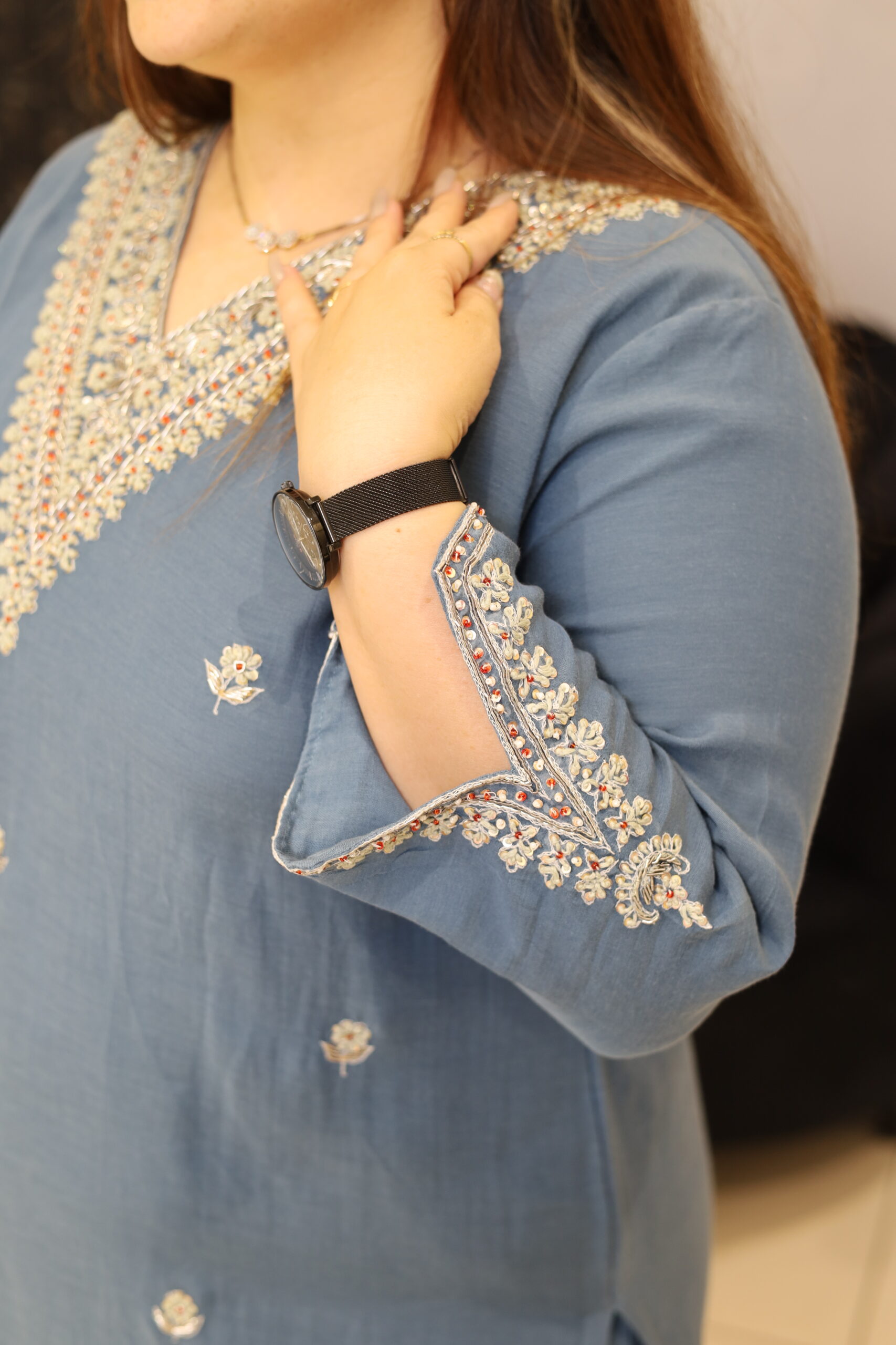 Blue Mul Chanderi Cotton Handwork Kurta Set - Image 2