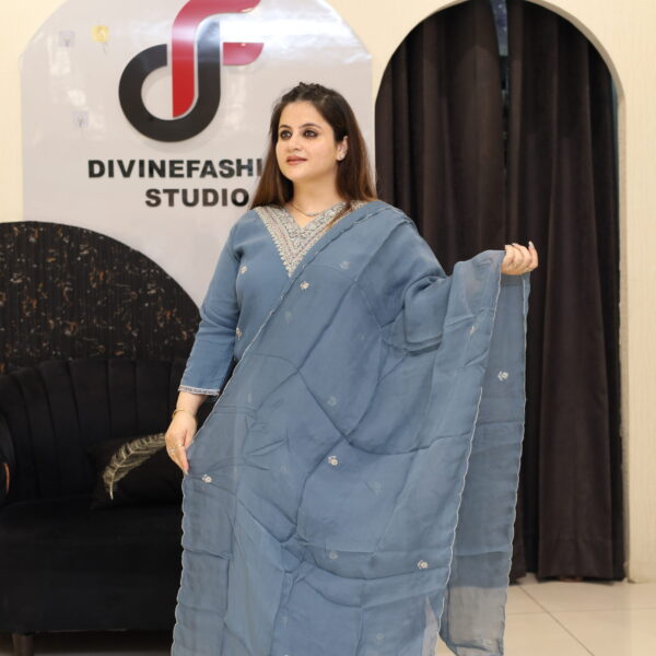 Blue Mul Chanderi Cotton Handwork Kurta Set by Divine Fashion Studio