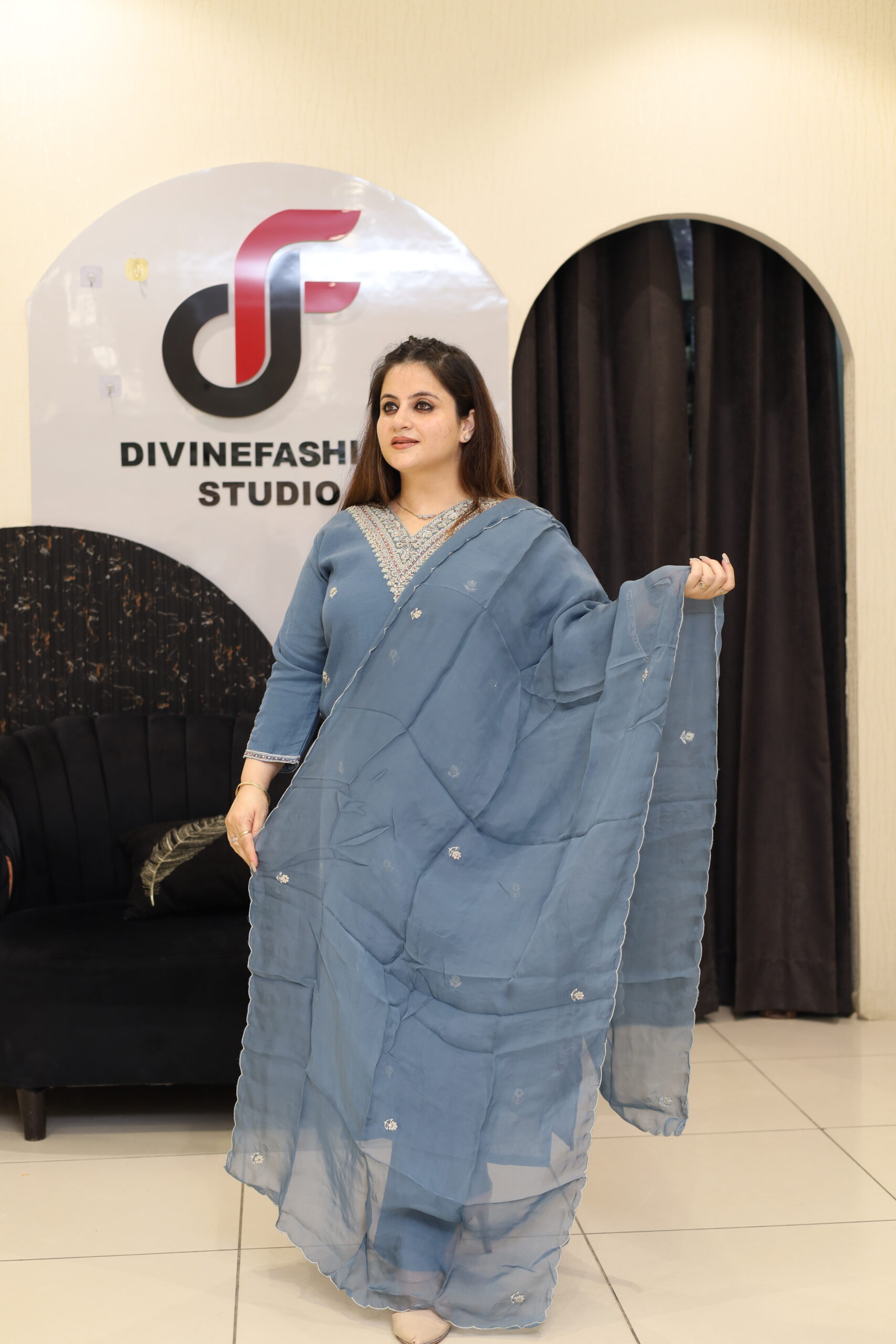 Blue Mul Chanderi Cotton Handwork Kurta Set by Divine Fashion Studio