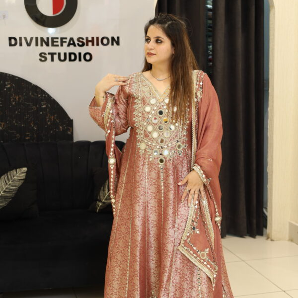 Rose Gold Silk Mirror Work Anarkali Set