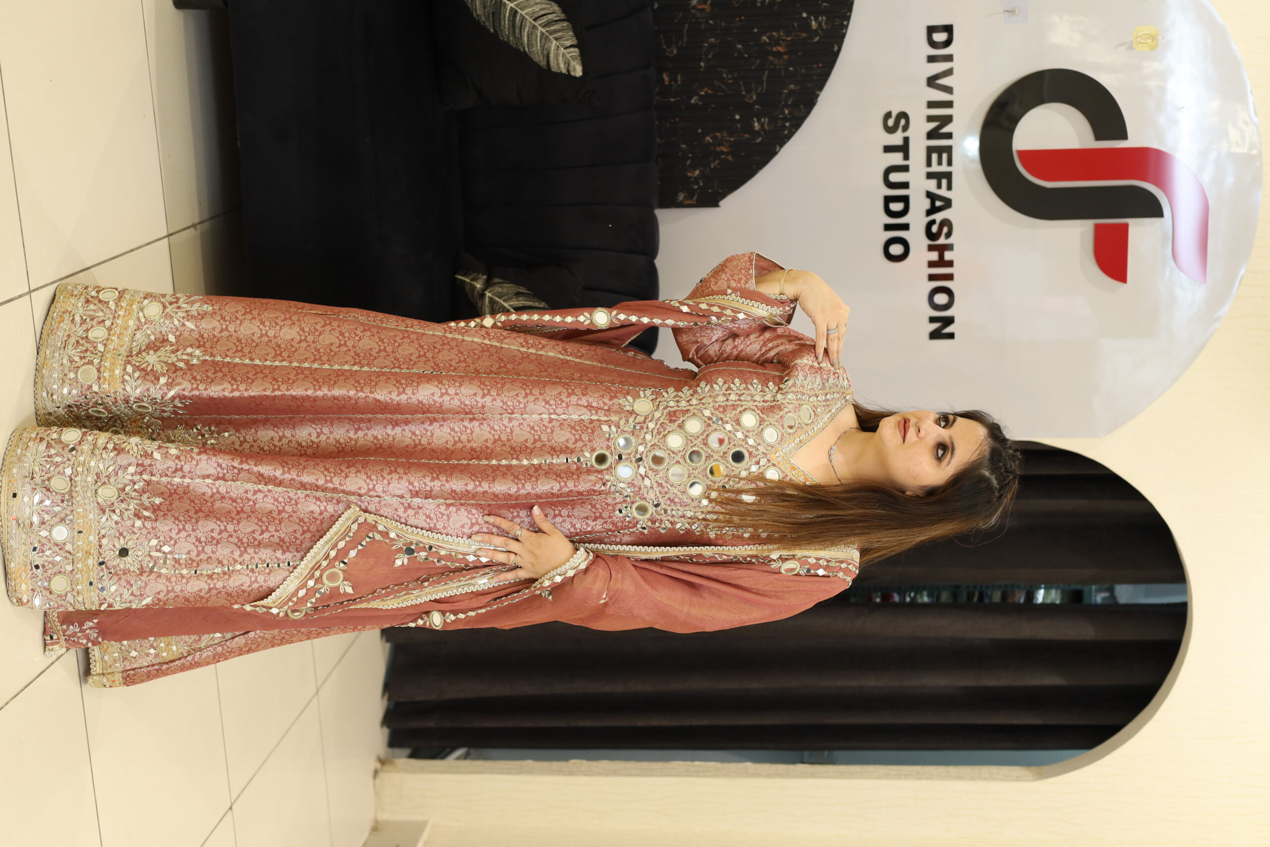 Rose Gold Silk Mirror Work Anarkali Set