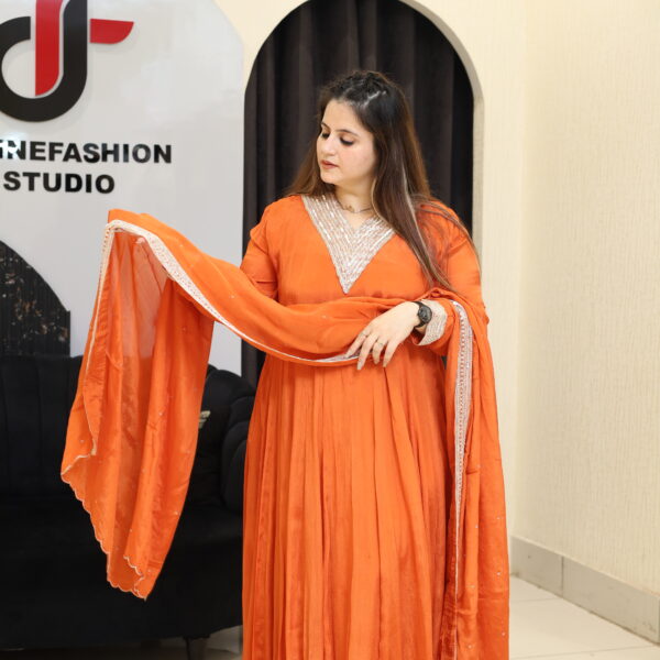 Orange Pure Chinon Handwork Anarkali Set