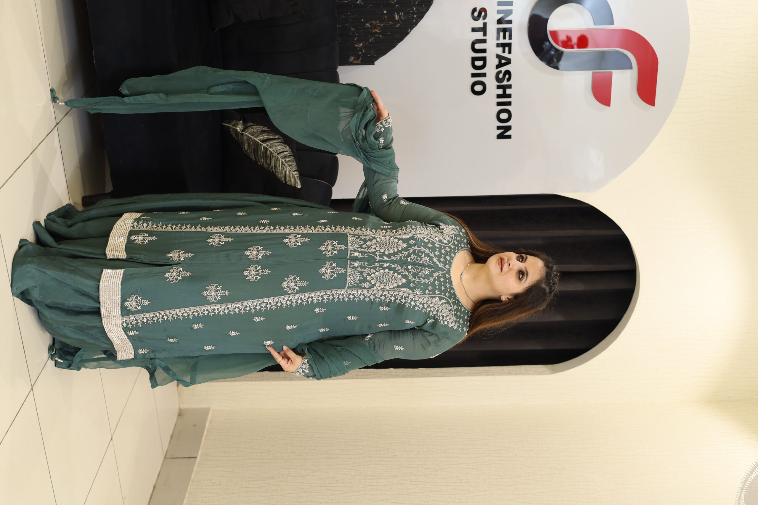Green Pure Chinon Handwork Anarkali Set