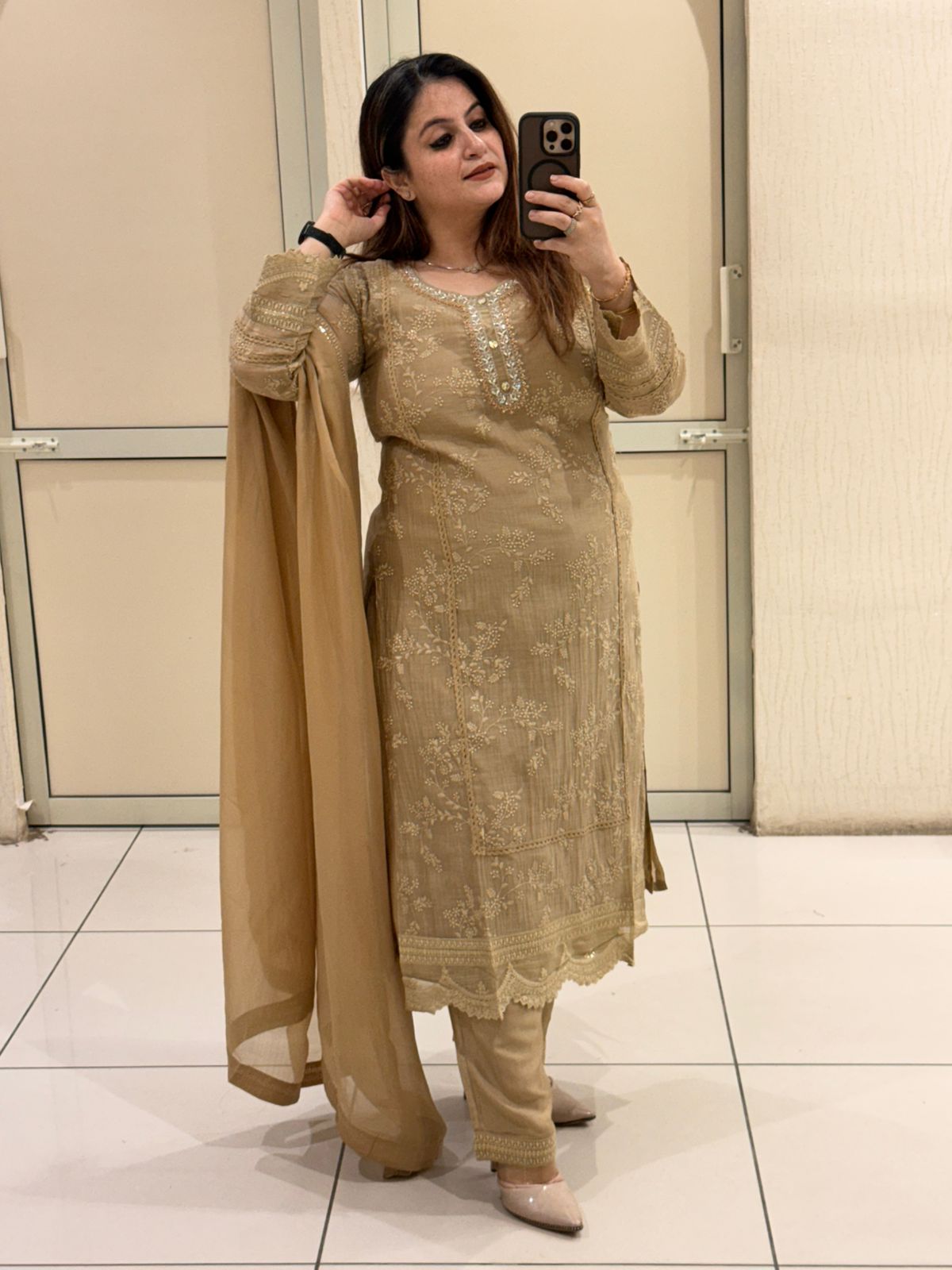 Beige Pure Mul Chanderi Cotton Embroidered 3-Piece Suit