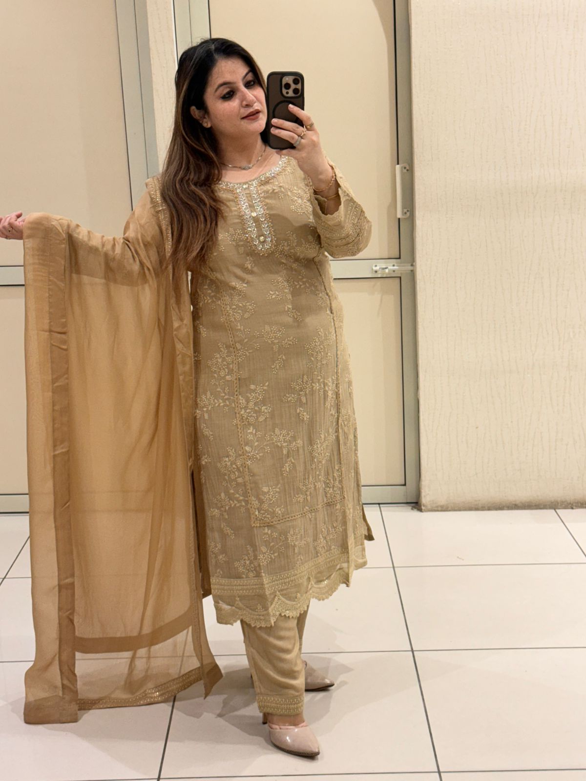 Beige Pure Mul Chanderi Cotton Embroidered 3-Piece Suit