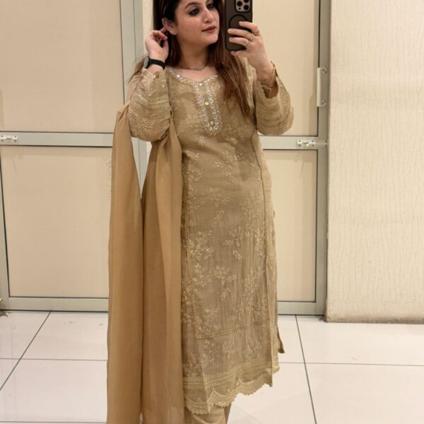 Beige Pure Mul Chanderi Cotton Embroidered 3-Piece Suit