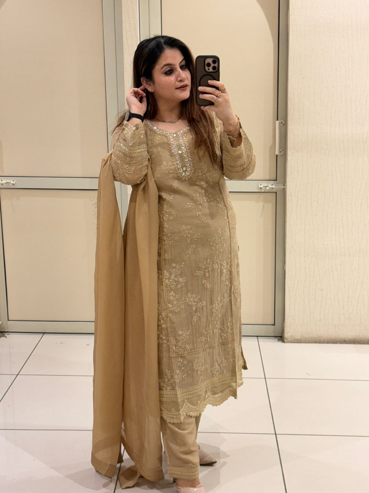 Beige Pure Mul Chanderi Cotton Embroidered 3-Piece Suit