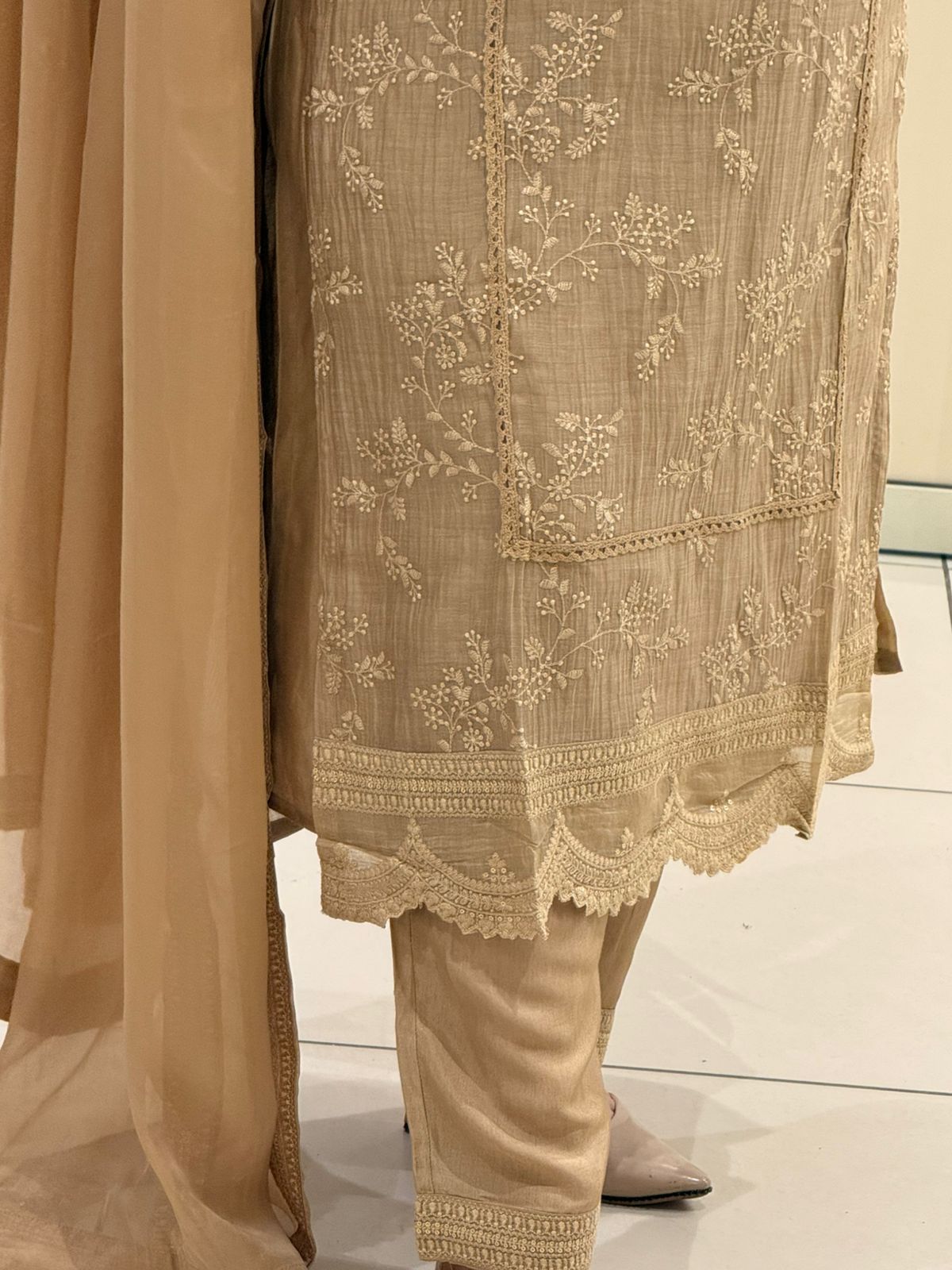 Beige Pure Mul Chanderi Cotton Embroidered 3-Piece Suit