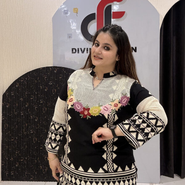 Stylish black cotton coord set featuring intricate geometric patterns and floral embroidery